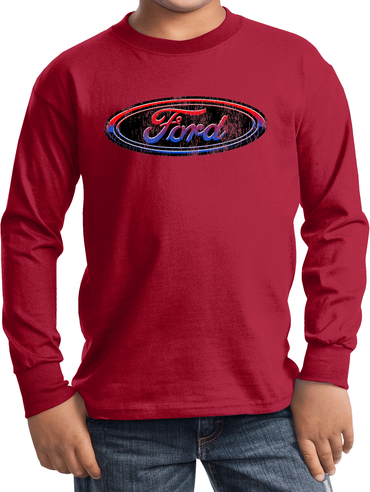 Kids Ford Oval T-shirt Distressed Logo Youth Long Sleeve - Picture 10 of 13