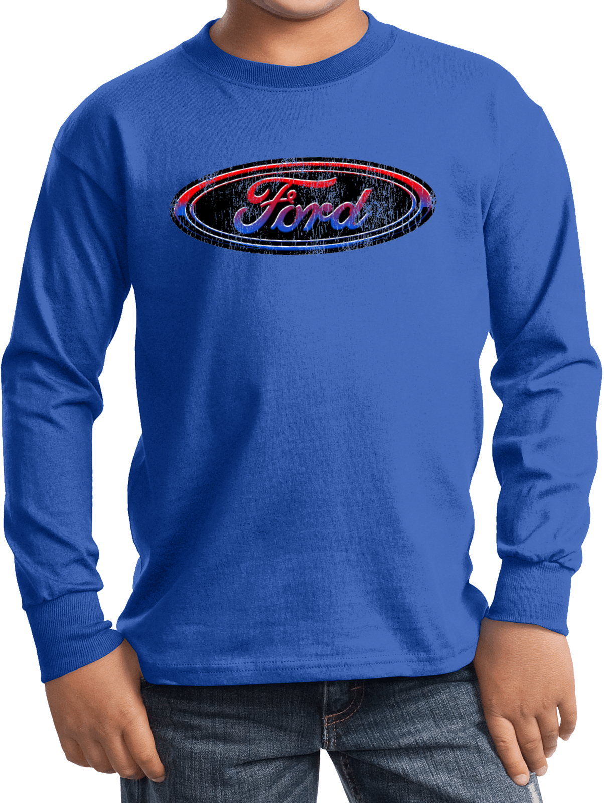 Kids Ford Oval T-shirt Distressed Logo Youth Long Sleeve - Picture 11 of 13