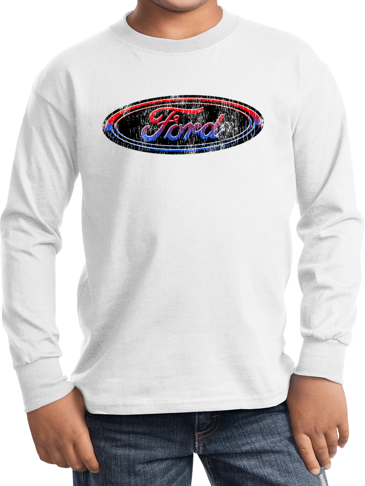 Kids Ford Oval T-shirt Distressed Logo Youth Long Sleeve - Picture 12 of 13