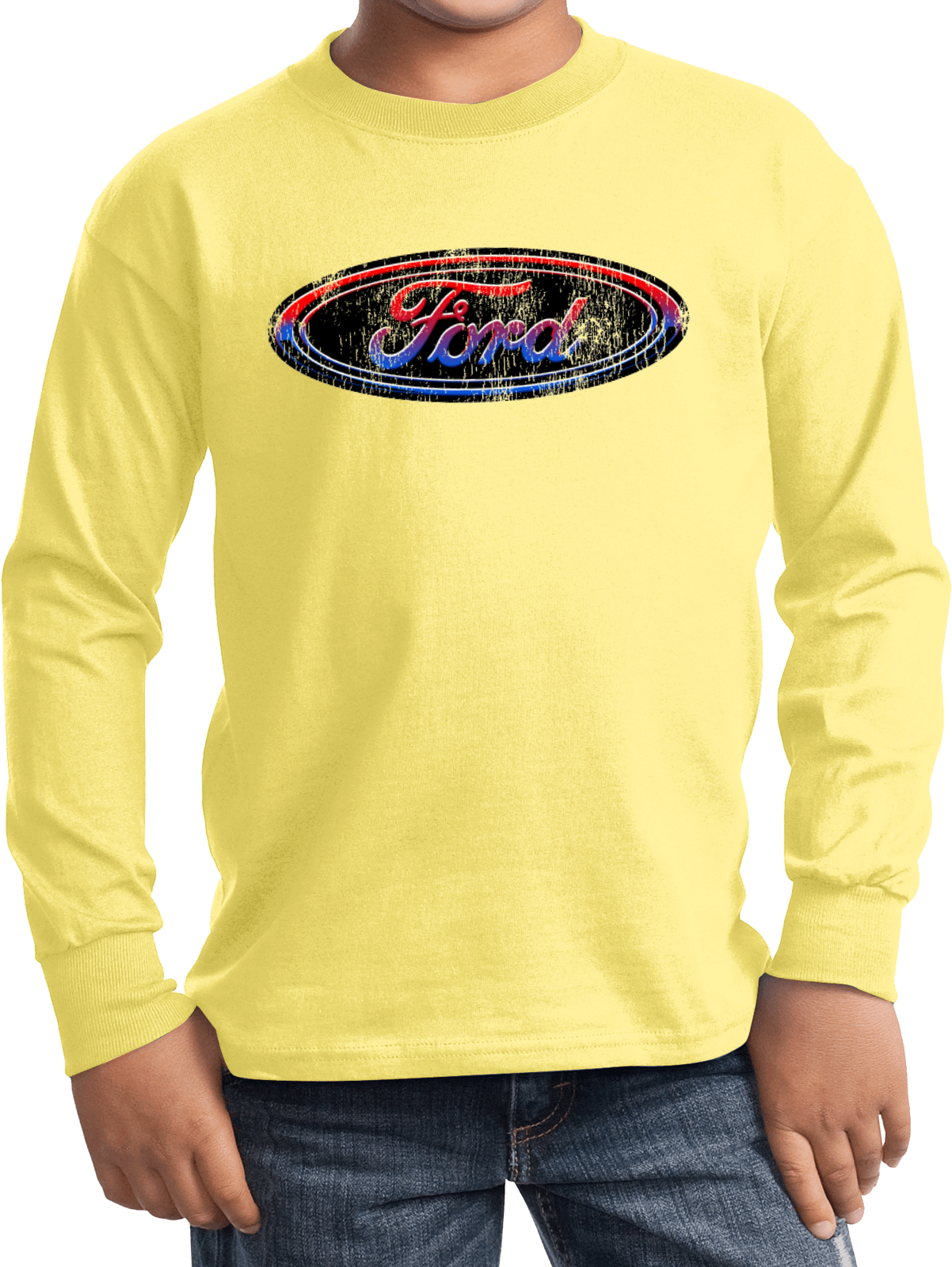 Kids Ford Oval T-shirt Distressed Logo Youth Long Sleeve - Picture 13 of 13