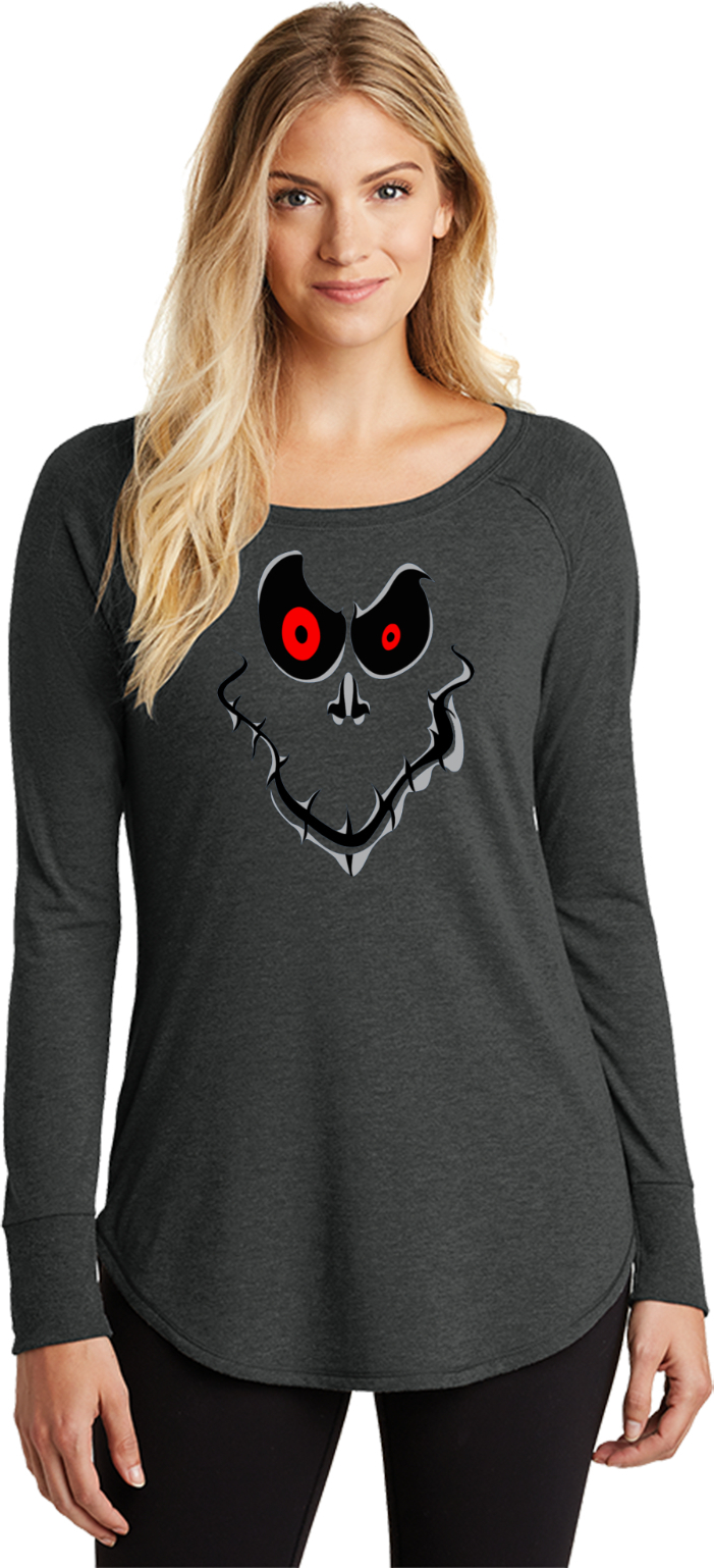Ladies Halloween T-shirt Ghost Face Tri Blend Long Sleeve