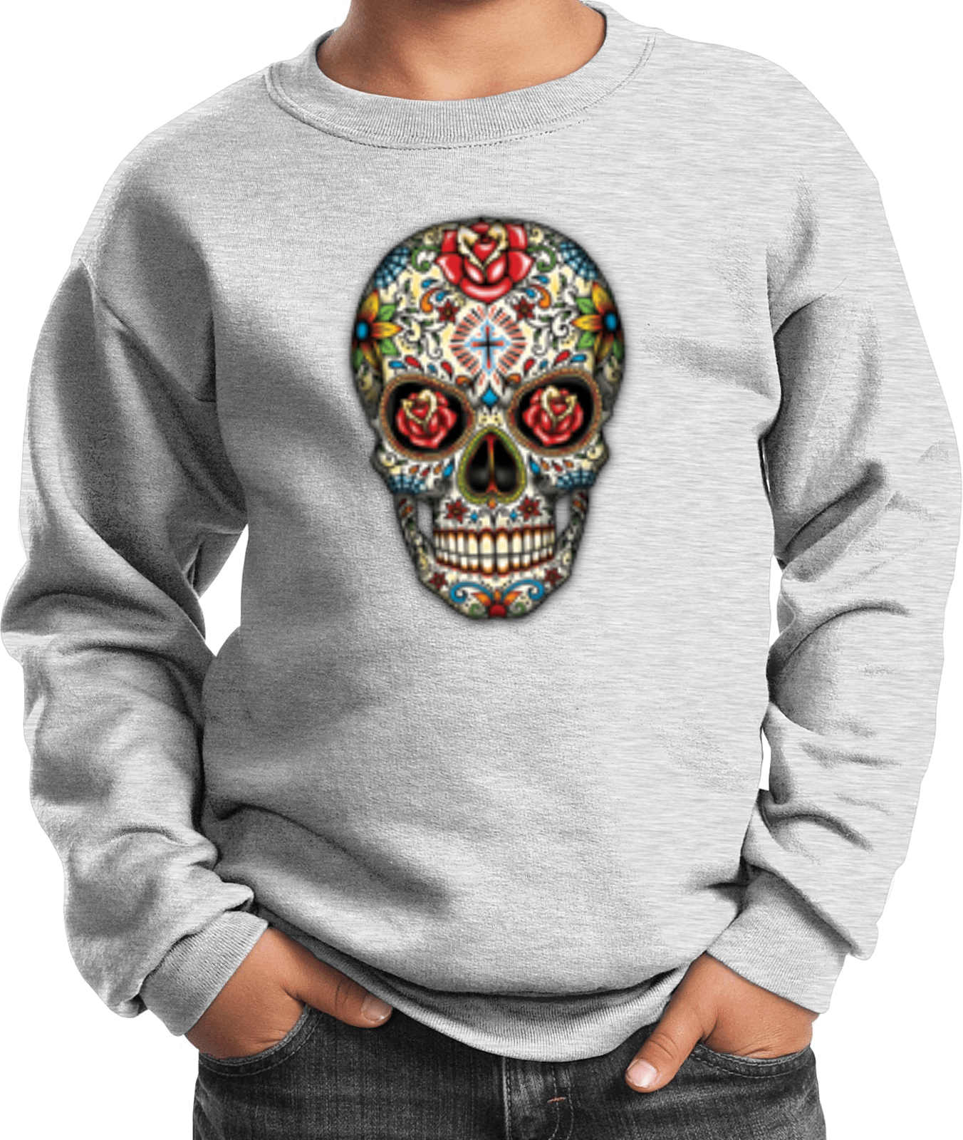 Kids Halloween Sweatshirt Sugar Skull with Roses - Picture 2 of 14