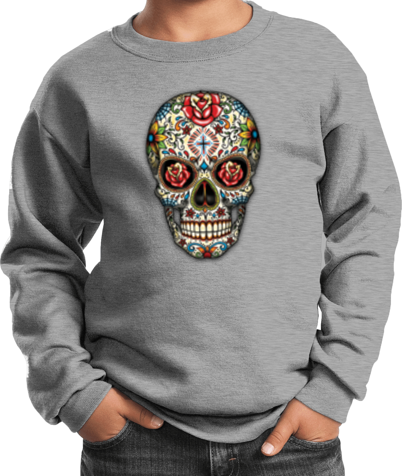 Kids Halloween Sweatshirt Sugar Skull with Roses - Picture 3 of 14