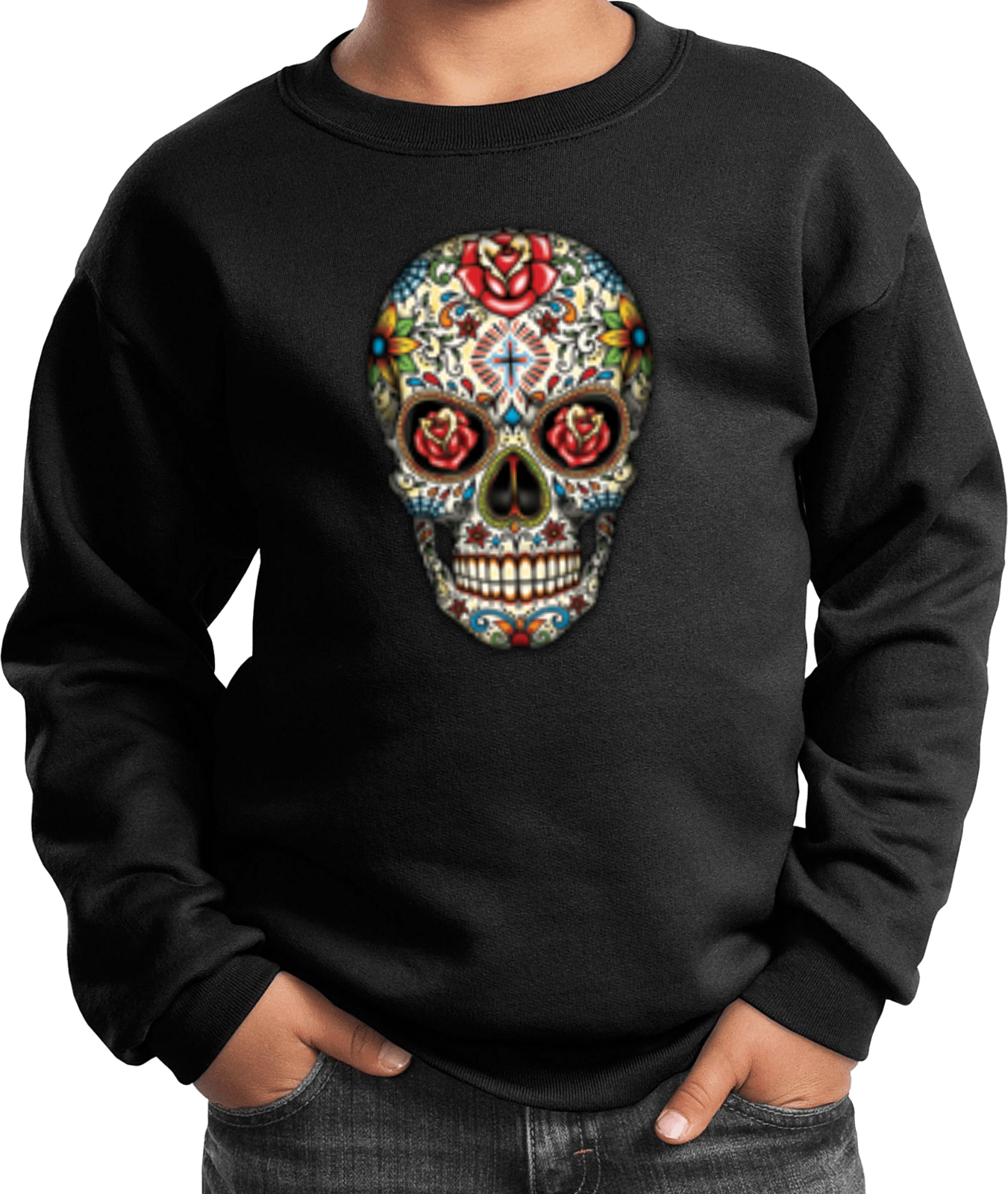 Kids Halloween Sweatshirt Sugar Skull with Roses - Picture 4 of 14