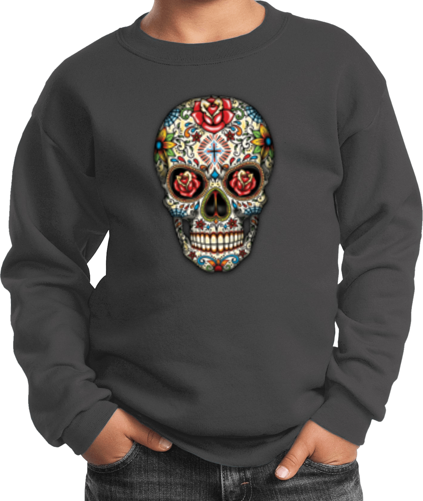 Kids Halloween Sweatshirt Sugar Skull with Roses - Picture 5 of 14