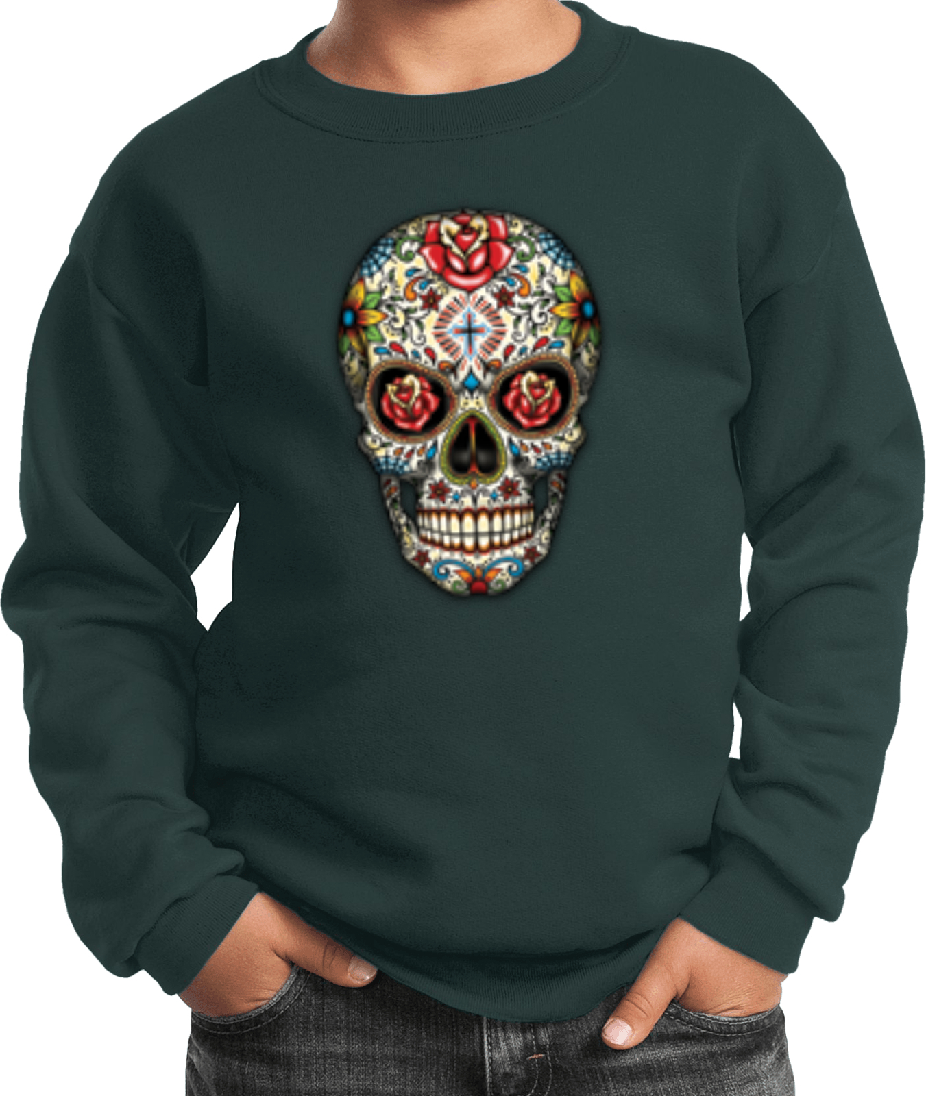 Kids Halloween Sweatshirt Sugar Skull with Roses - Picture 6 of 14