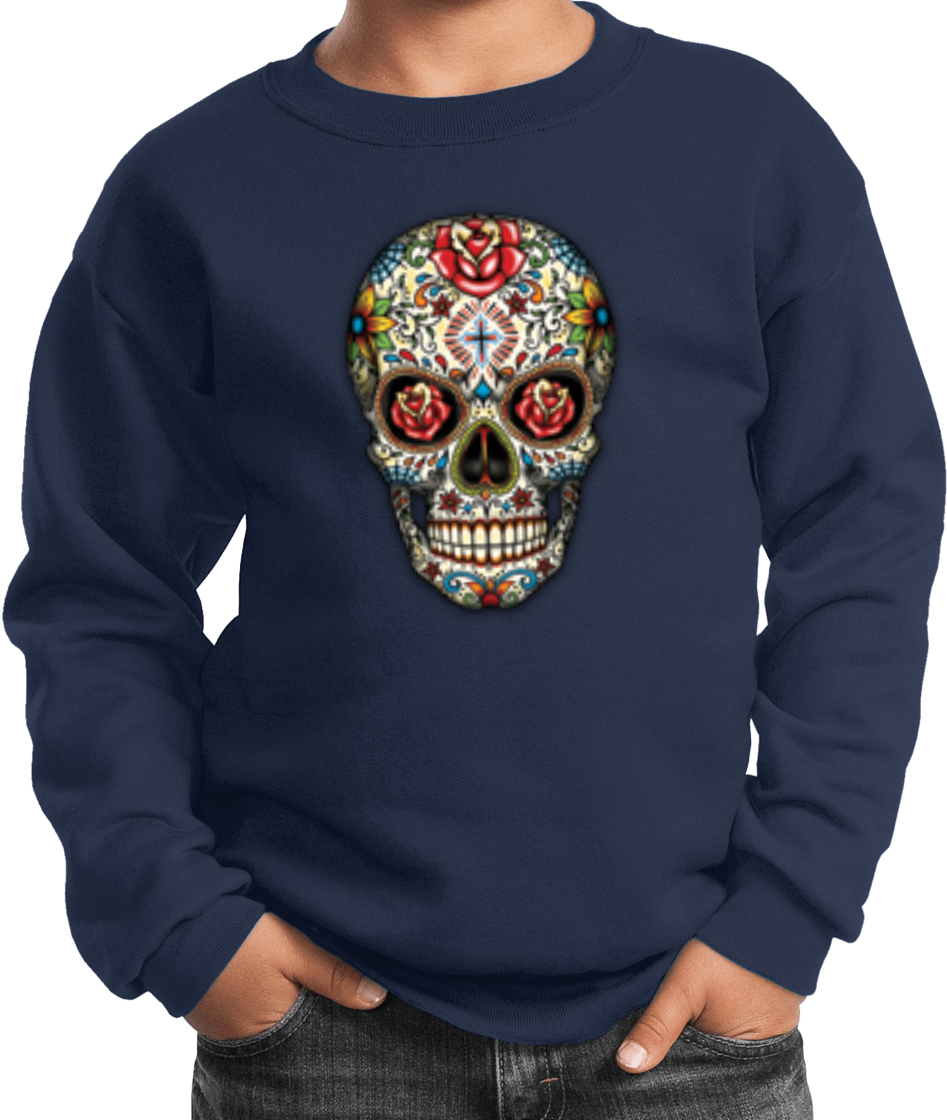 Kids Halloween Sweatshirt Sugar Skull with Roses - Picture 7 of 14