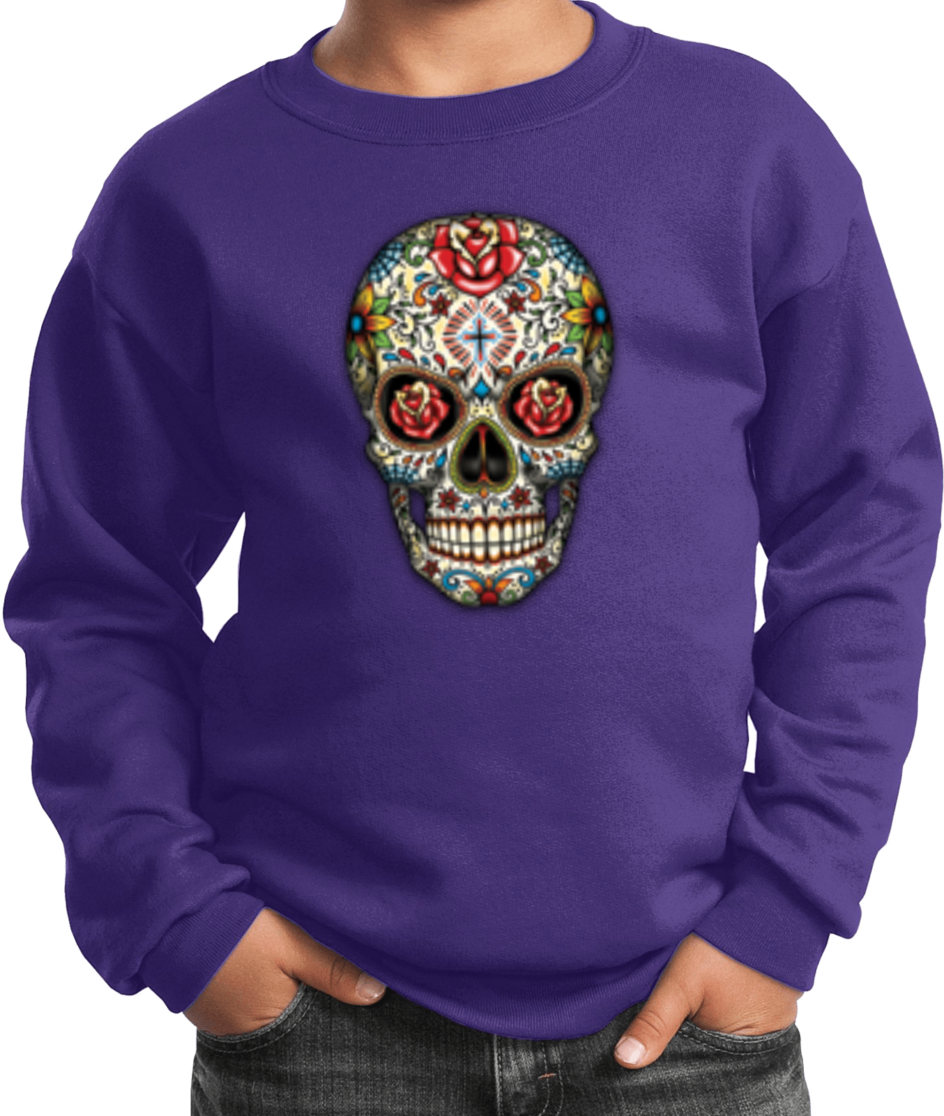 Kids Halloween Sweatshirt Sugar Skull with Roses - Picture 10 of 14