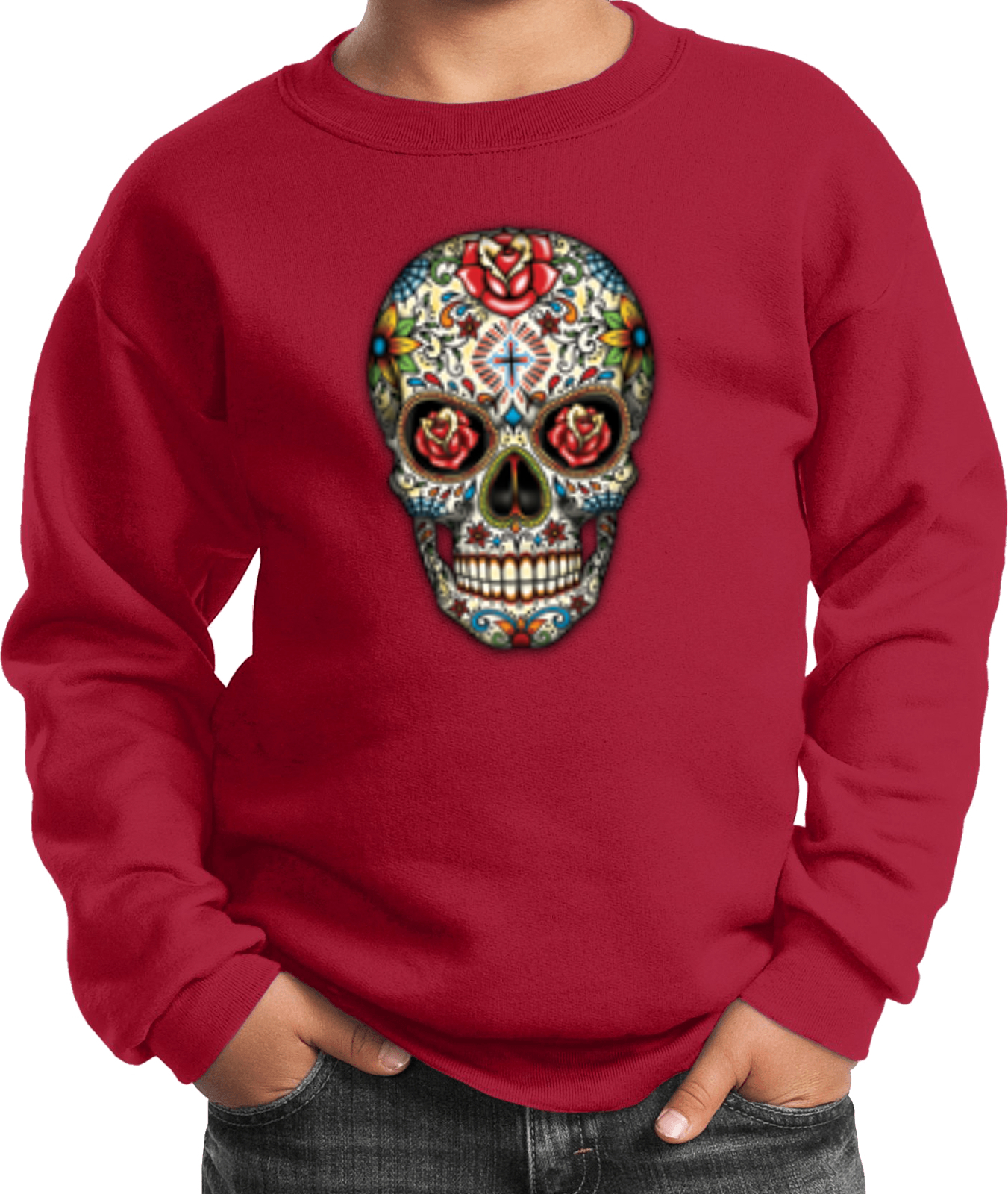 Kids Halloween Sweatshirt Sugar Skull with Roses - Picture 11 of 14