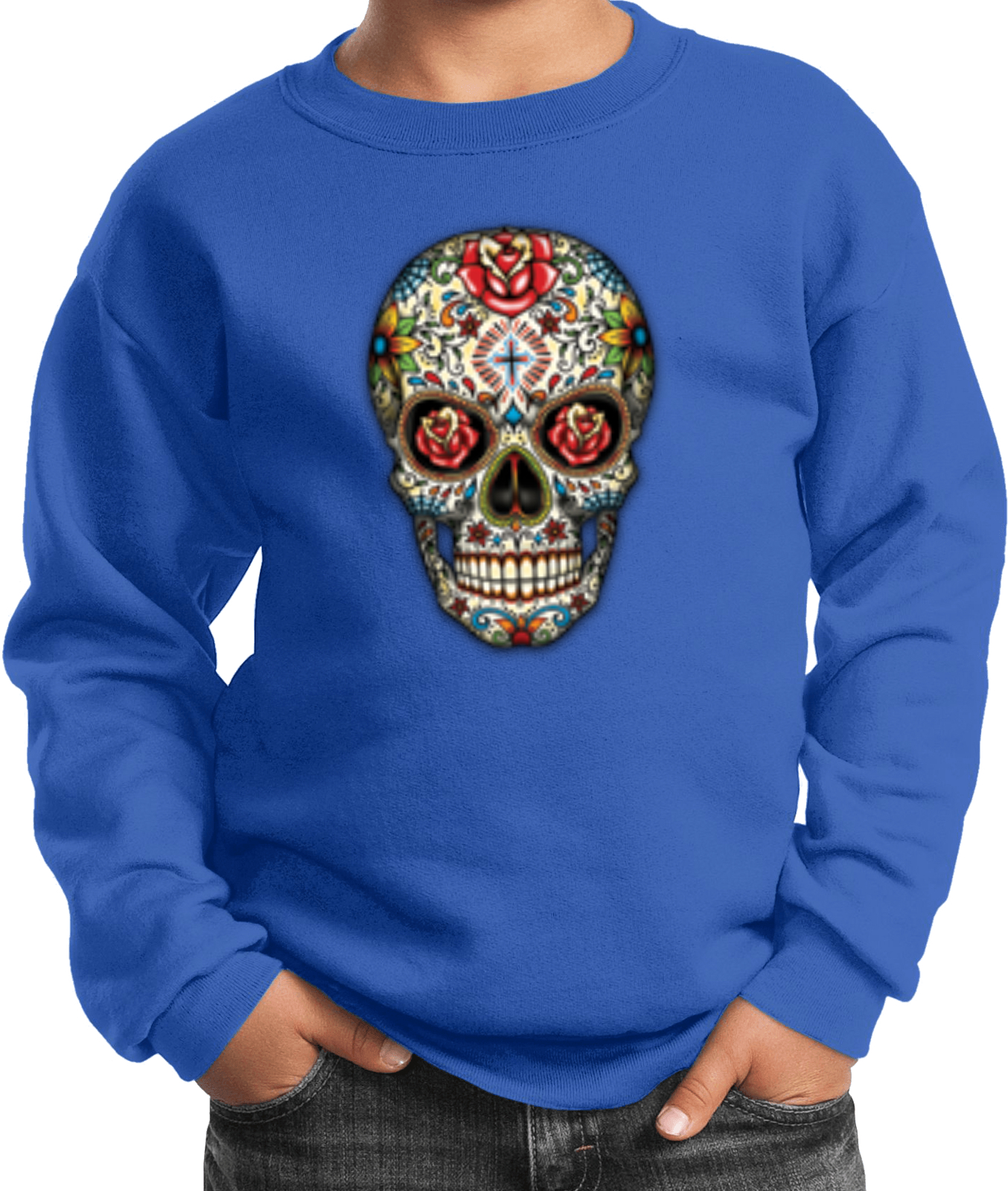 Kids Halloween Sweatshirt Sugar Skull with Roses - Picture 12 of 14