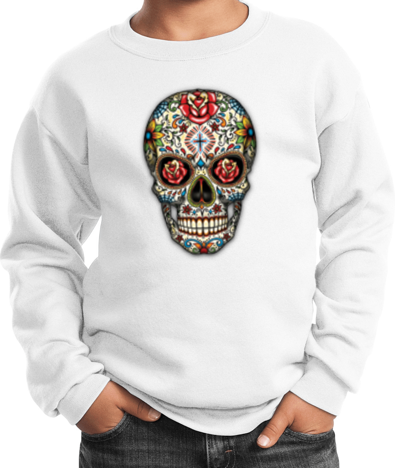 Kids Halloween Sweatshirt Sugar Skull with Roses - Picture 14 of 14