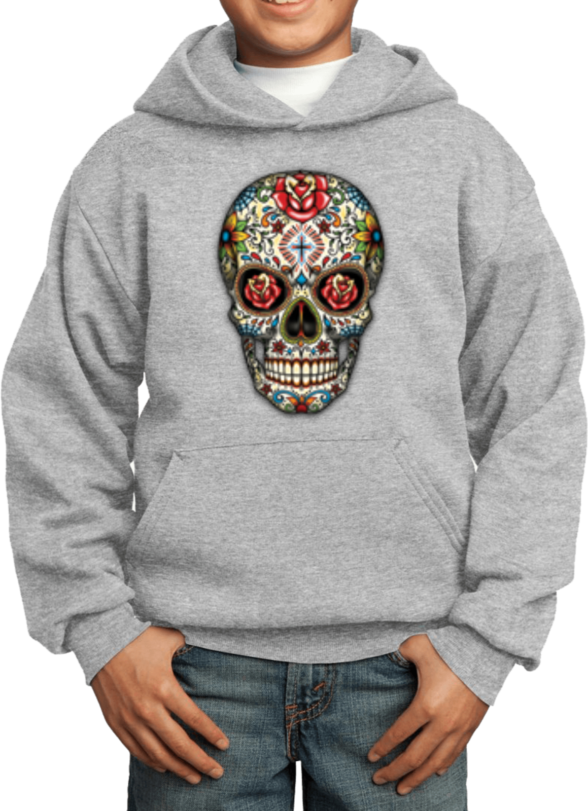 Kids Halloween Hoodie Sugar Skull with Roses - Picture 2 of 14