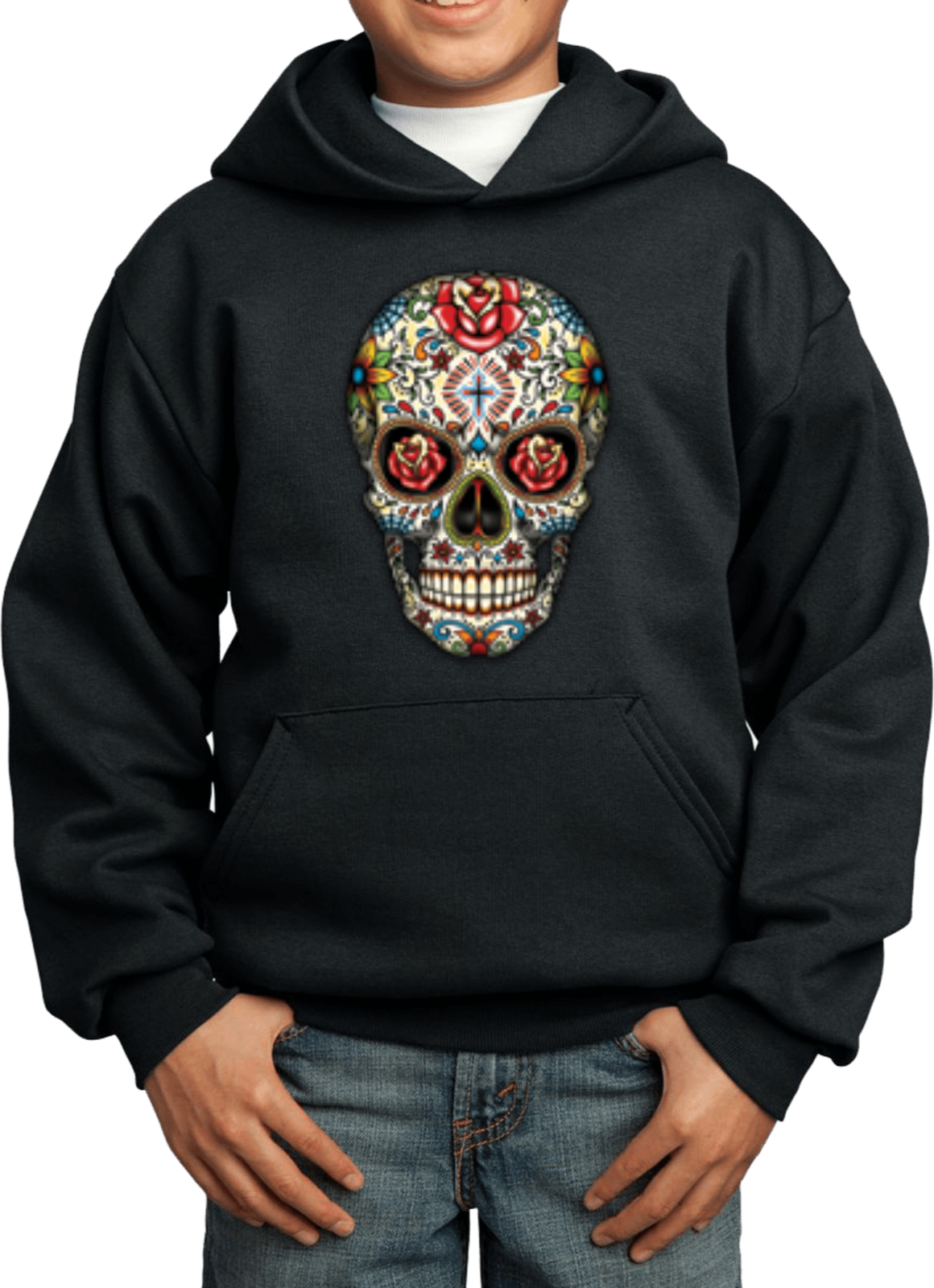 Kids Halloween Hoodie Sugar Skull with Roses - Picture 4 of 14