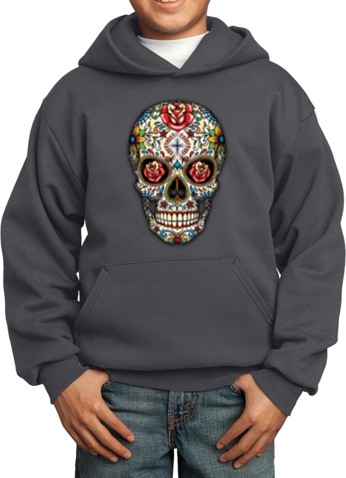 Kids Halloween Hoodie Sugar Skull with Roses - Picture 5 of 14