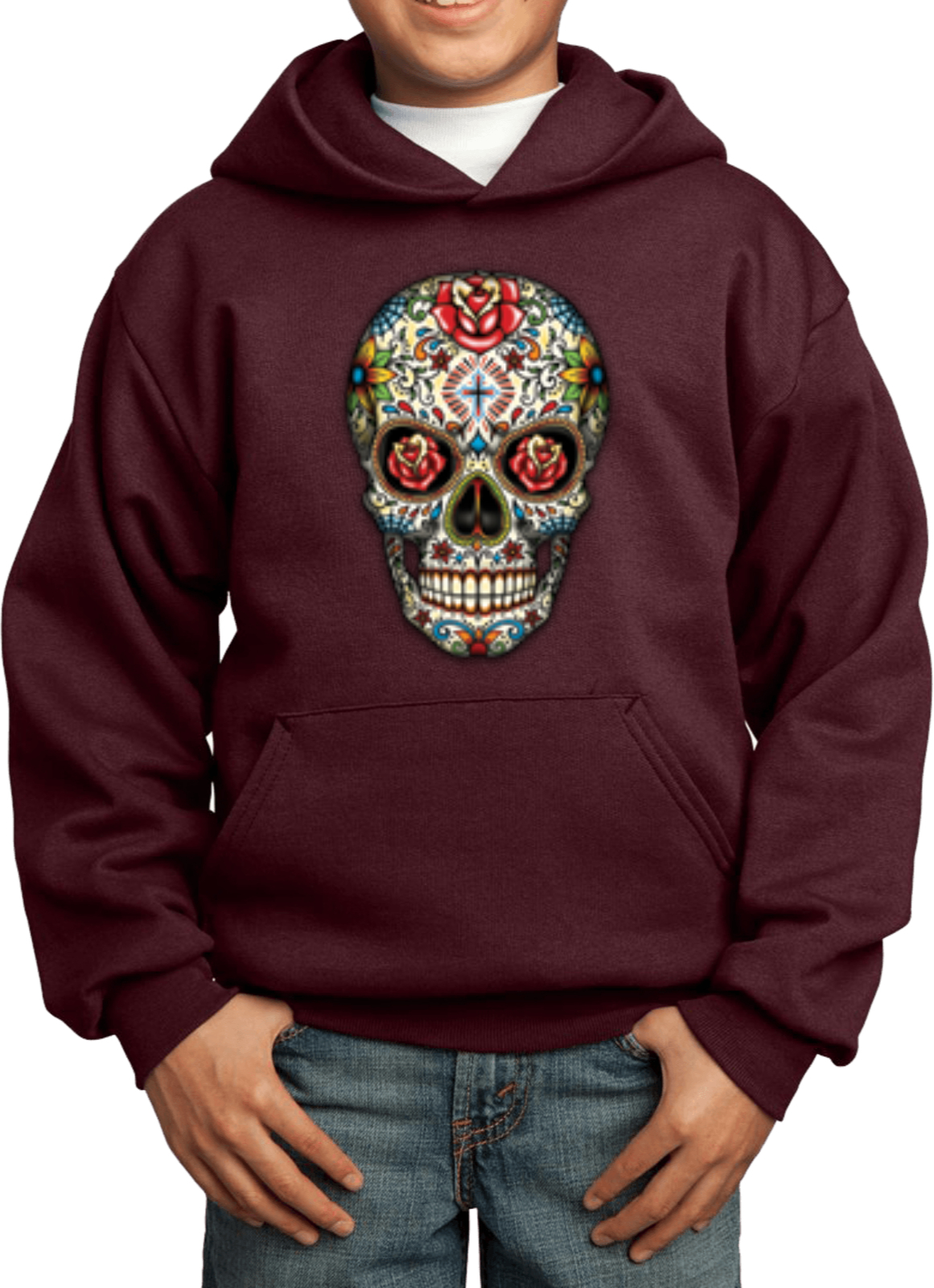 Kids Halloween Hoodie Sugar Skull with Roses - Picture 6 of 14