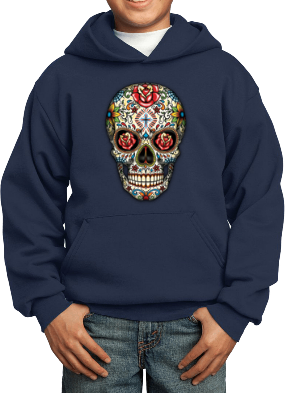 Kids Halloween Hoodie Sugar Skull with Roses - Picture 7 of 14