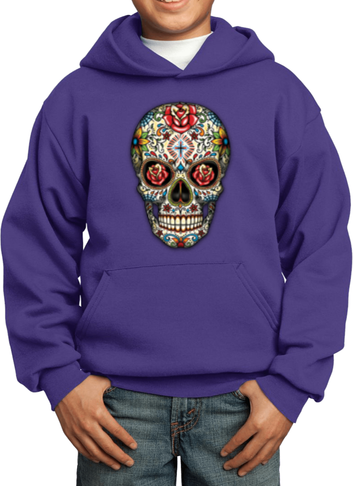 Kids Halloween Hoodie Sugar Skull with Roses - Picture 10 of 14