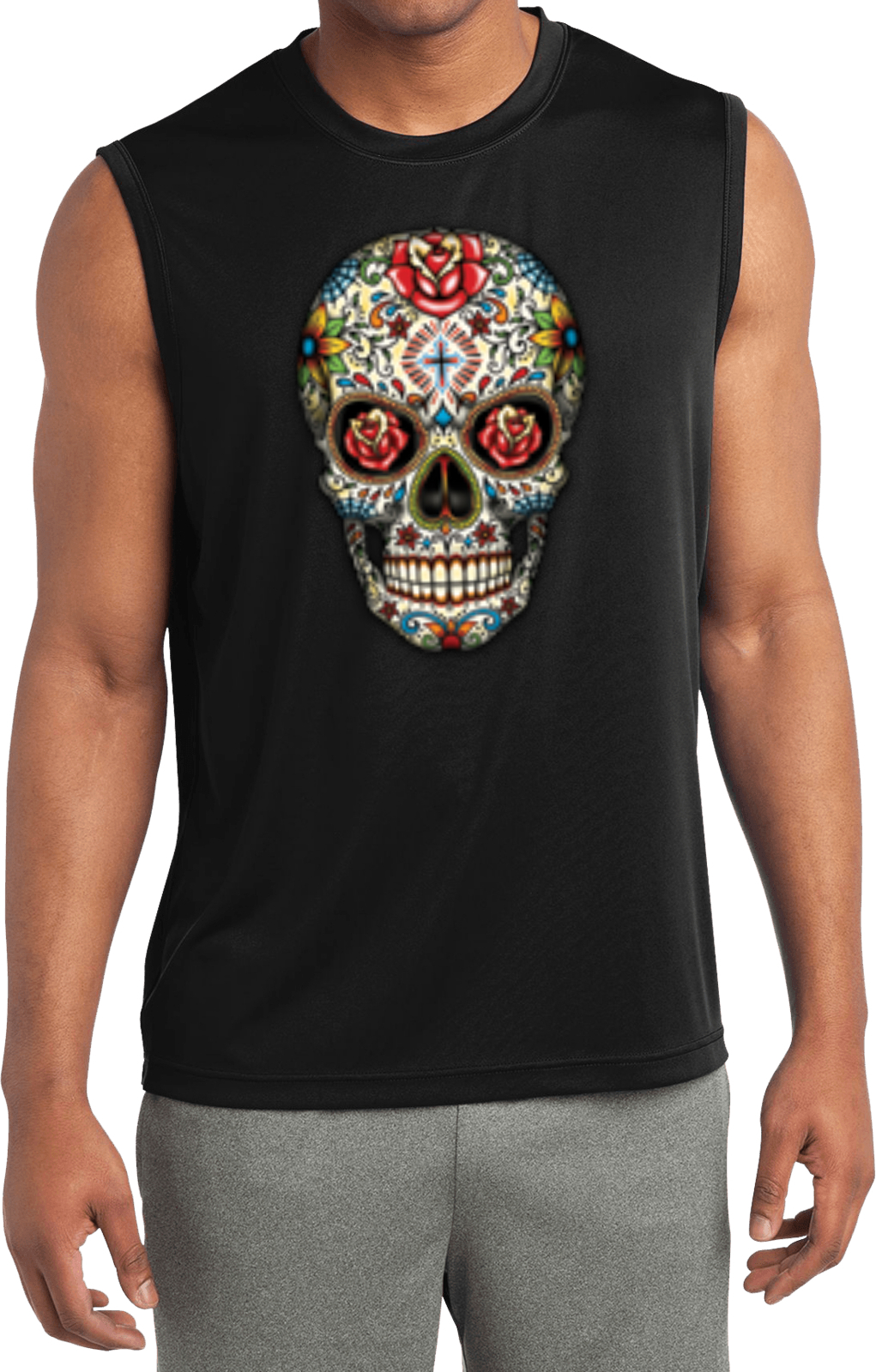Halloween T-shirt Sugar Skull with Roses Sleeveless Competitor Tee