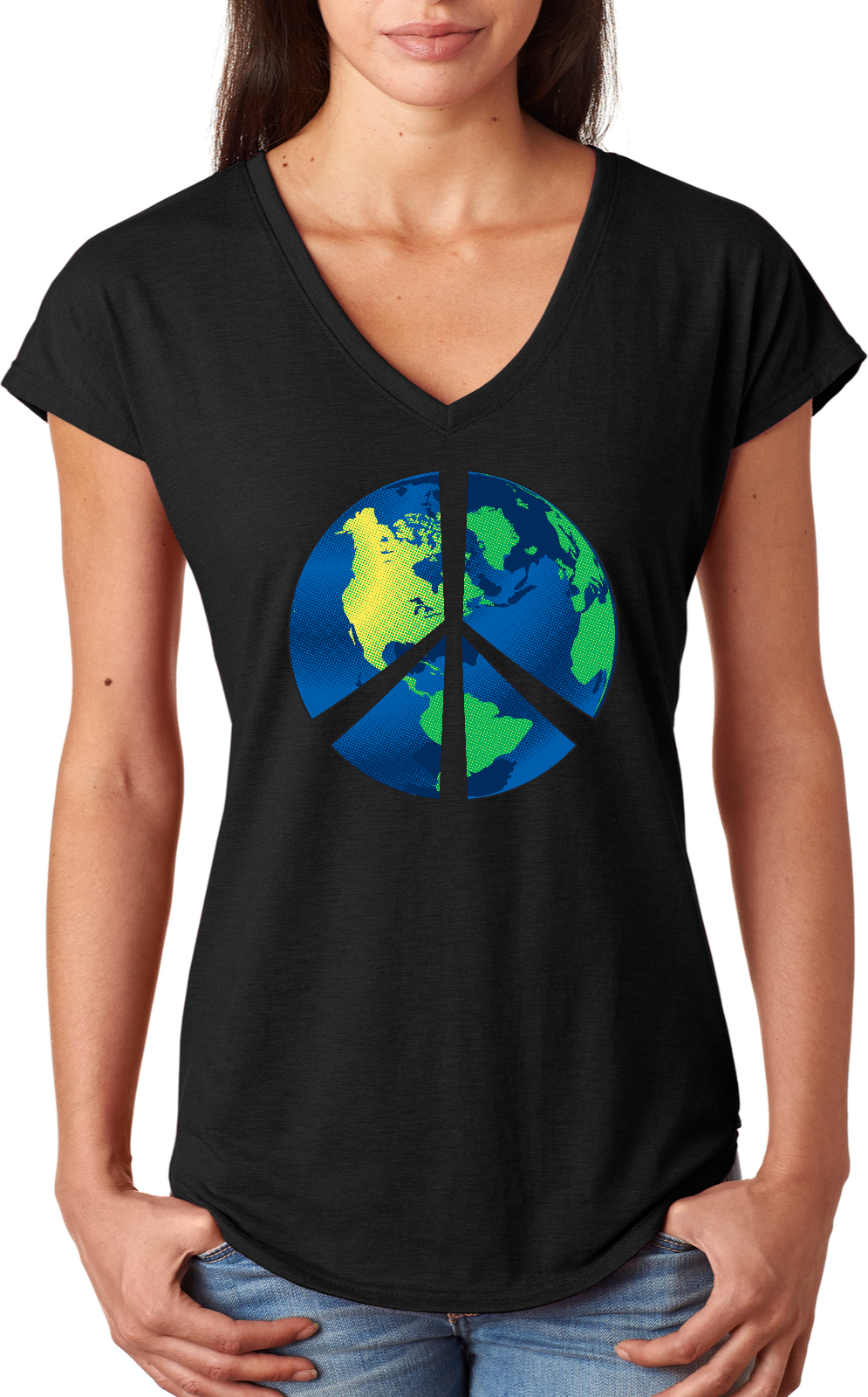 Buy Cool Shirts Ladies Peace Sign T-shirt Blue Earth Triblend V-Neck - Picture 2 of 7