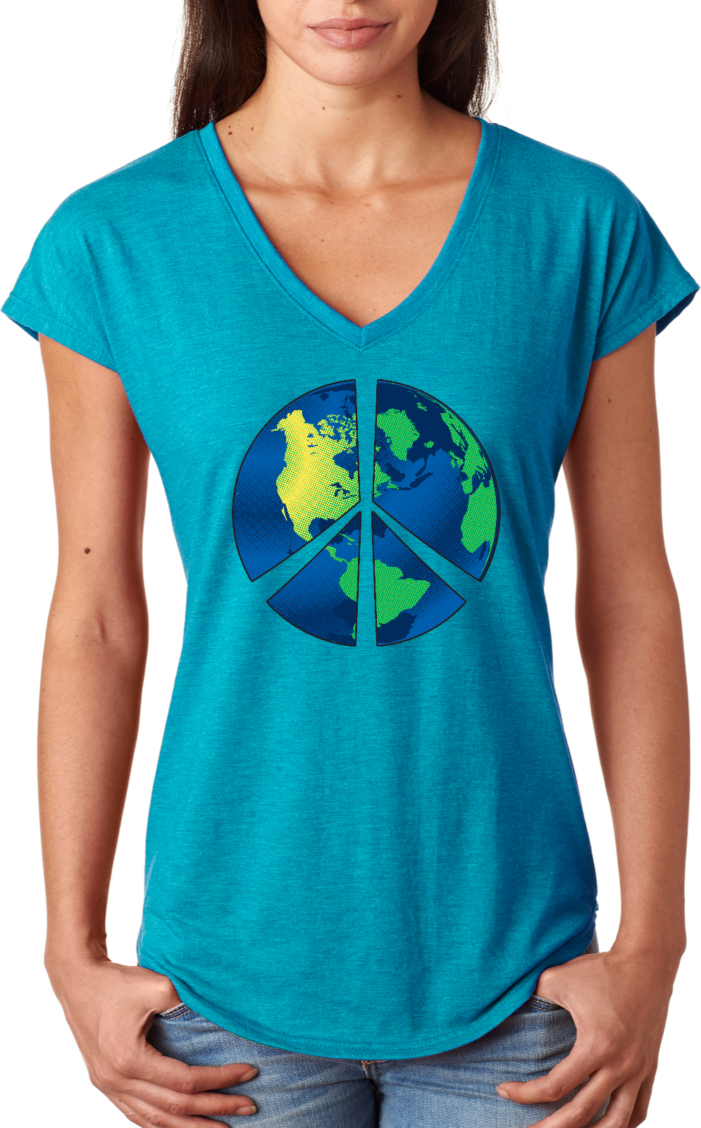 Buy Cool Shirts Ladies Peace Sign T-shirt Blue Earth Triblend V-Neck - Picture 3 of 7