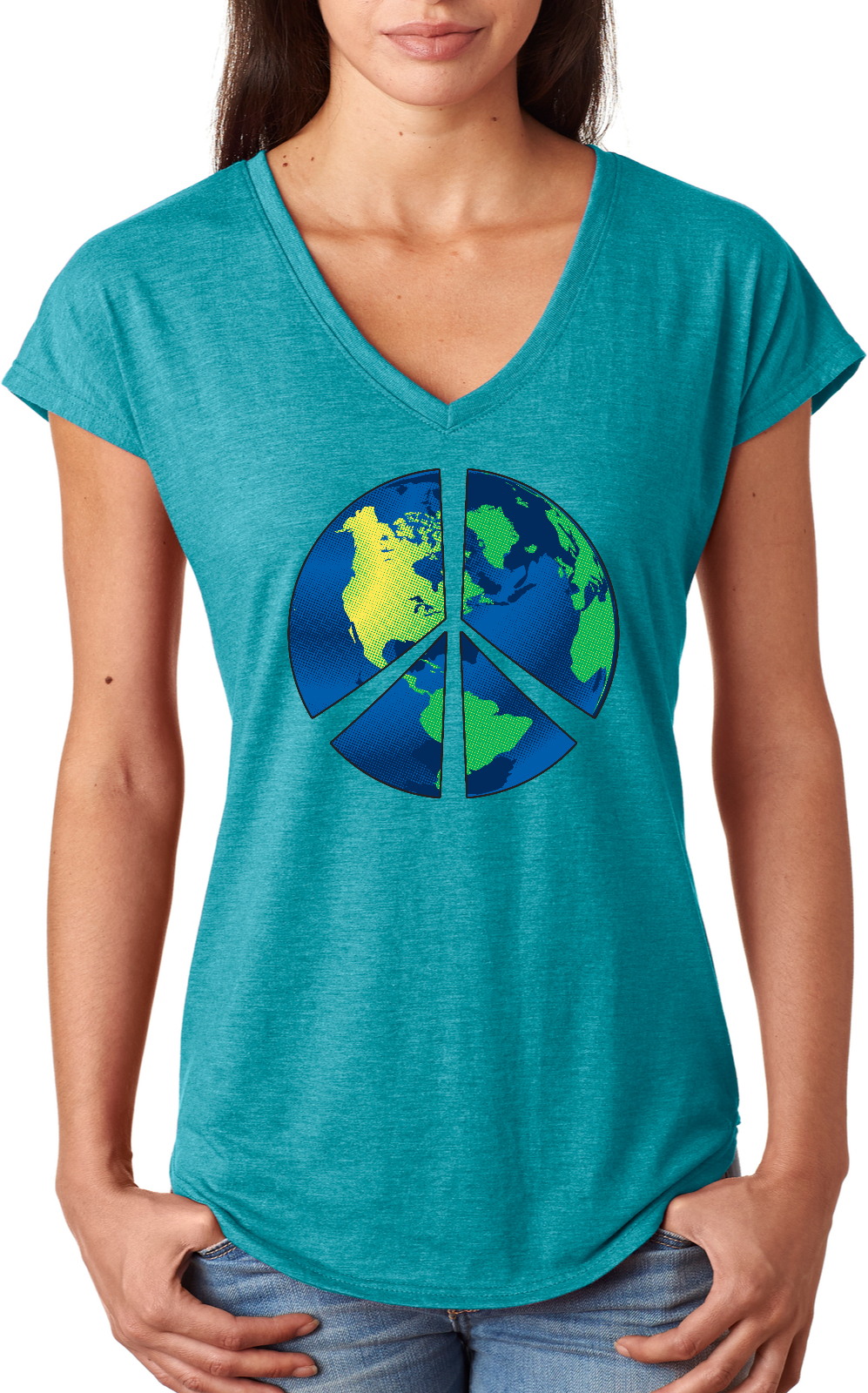 Buy Cool Shirts Ladies Peace Sign T-shirt Blue Earth Triblend V-Neck - Picture 5 of 7