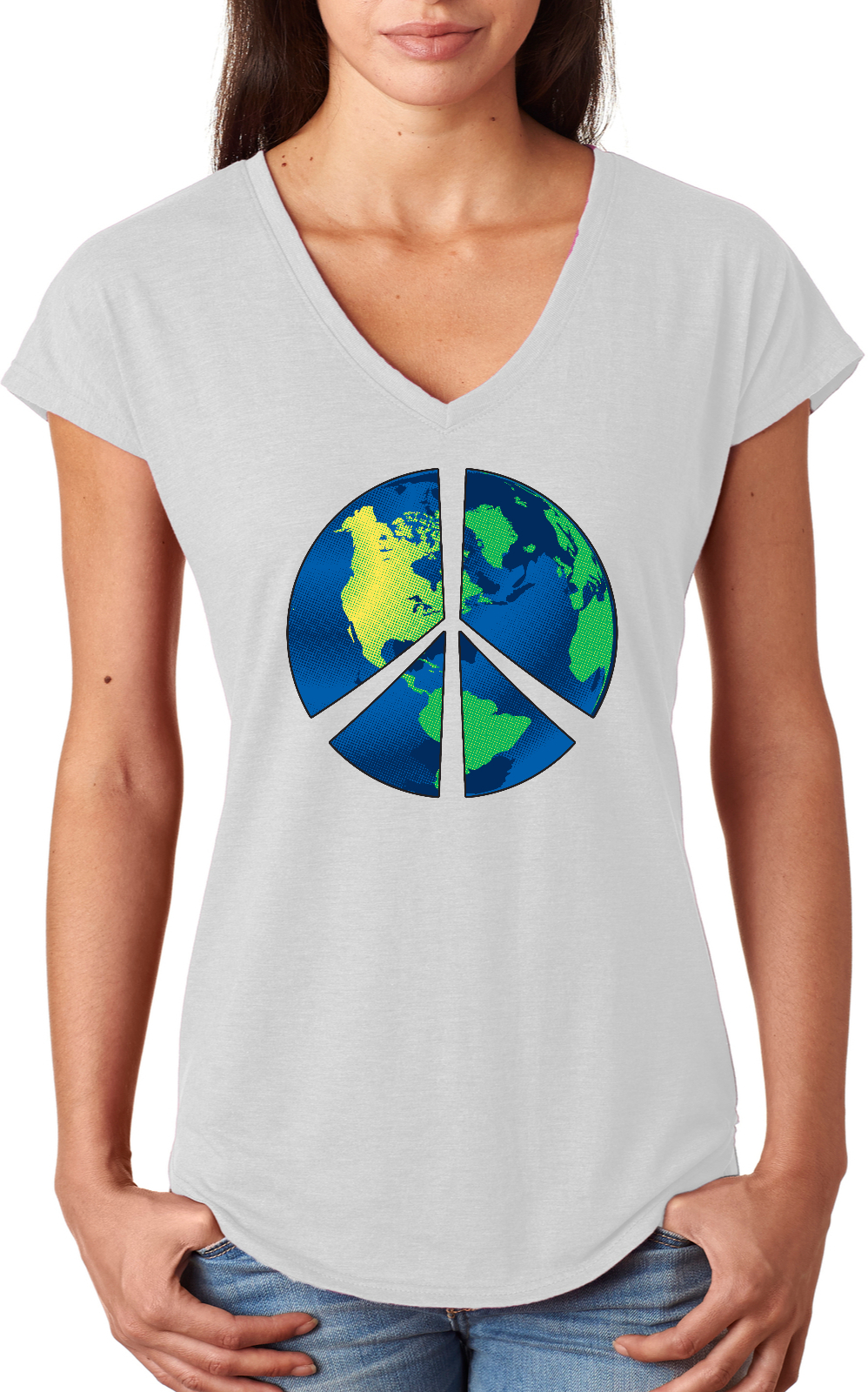 Buy Cool Shirts Ladies Peace Sign T-shirt Blue Earth Triblend V-Neck - Picture 7 of 7