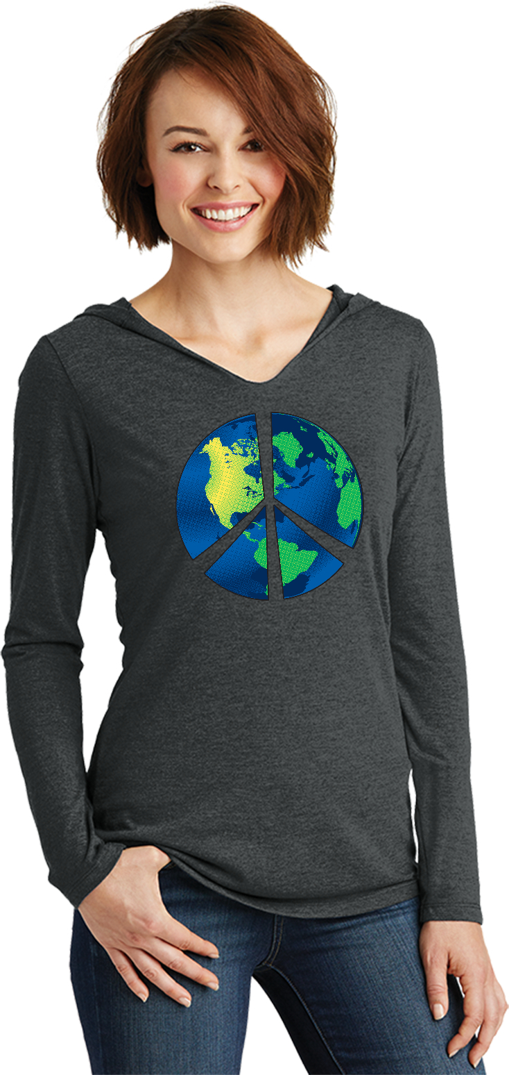 Buy Cool Shirts Ladies Peace Sign T-shirt Blue Earth Ladies Tri Blend Hoodie - Picture 2 of 4