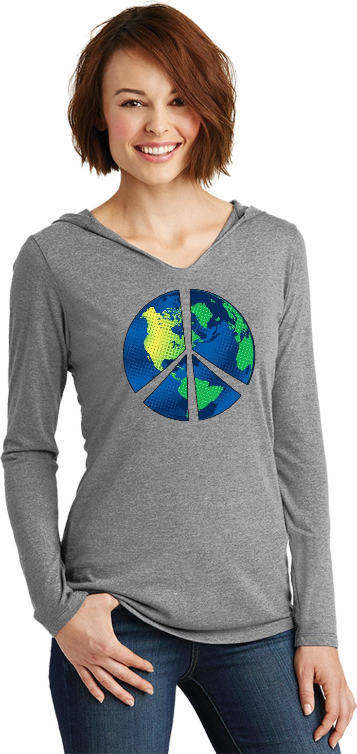 Buy Cool Shirts Ladies Peace Sign T-shirt Blue Earth Ladies Tri Blend Hoodie - Picture 3 of 4