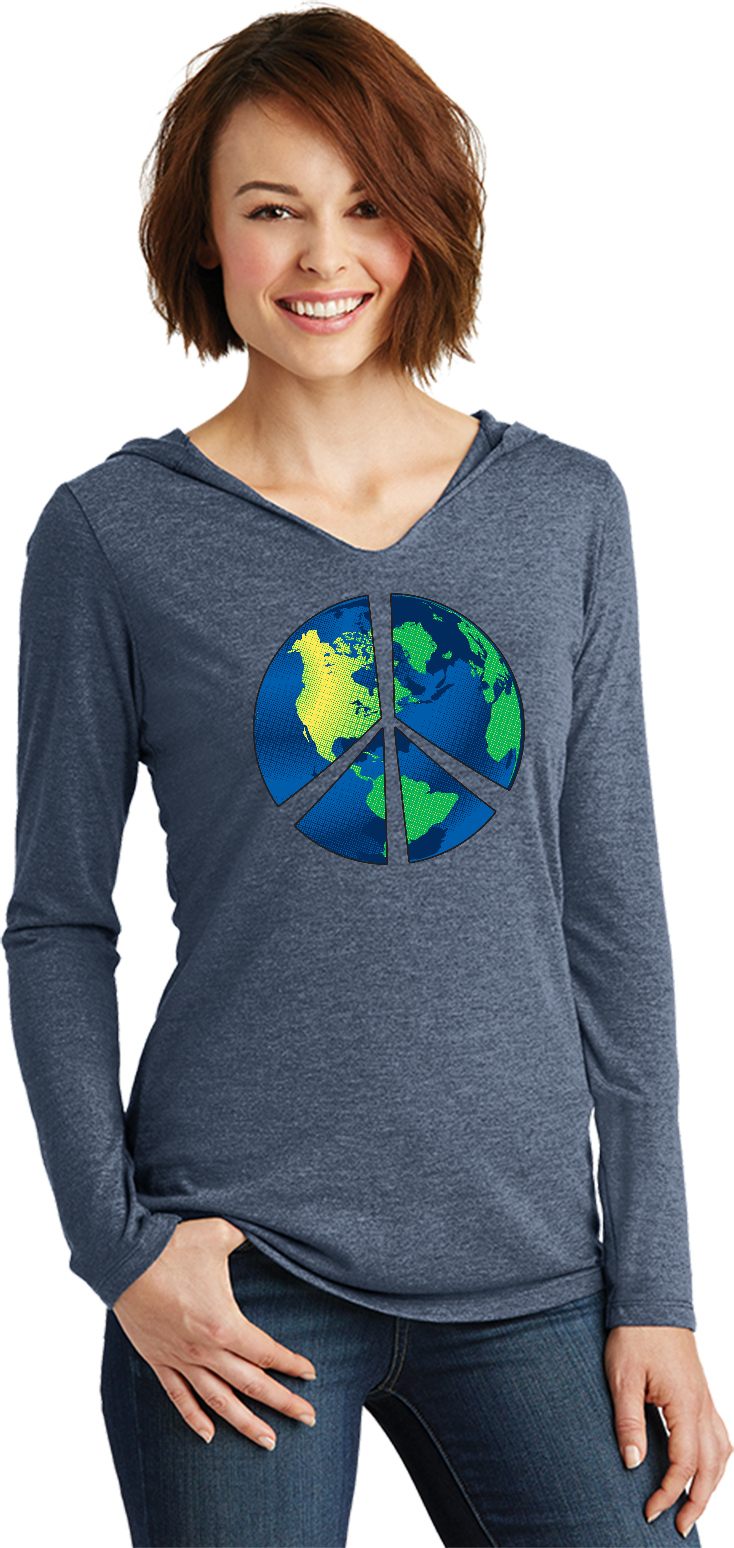 Buy Cool Shirts Ladies Peace Sign T-shirt Blue Earth Ladies Tri Blend Hoodie - Picture 4 of 4
