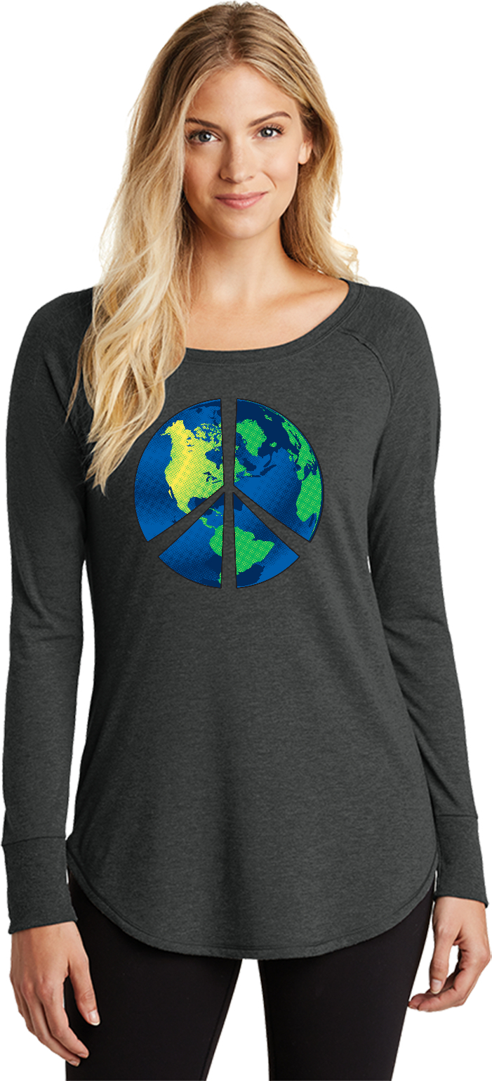 Buy Cool Shirts Ladies Peace Sign T-shirt Blue Earth Tri Blend Long Sleeve - Picture 2 of 5