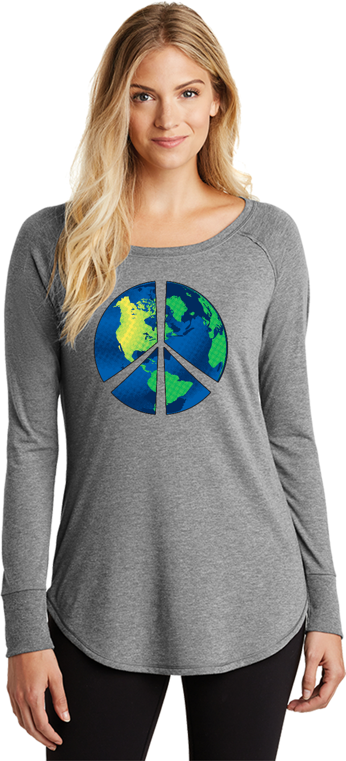 Buy Cool Shirts Ladies Peace Sign T-shirt Blue Earth Tri Blend Long Sleeve - Picture 3 of 5