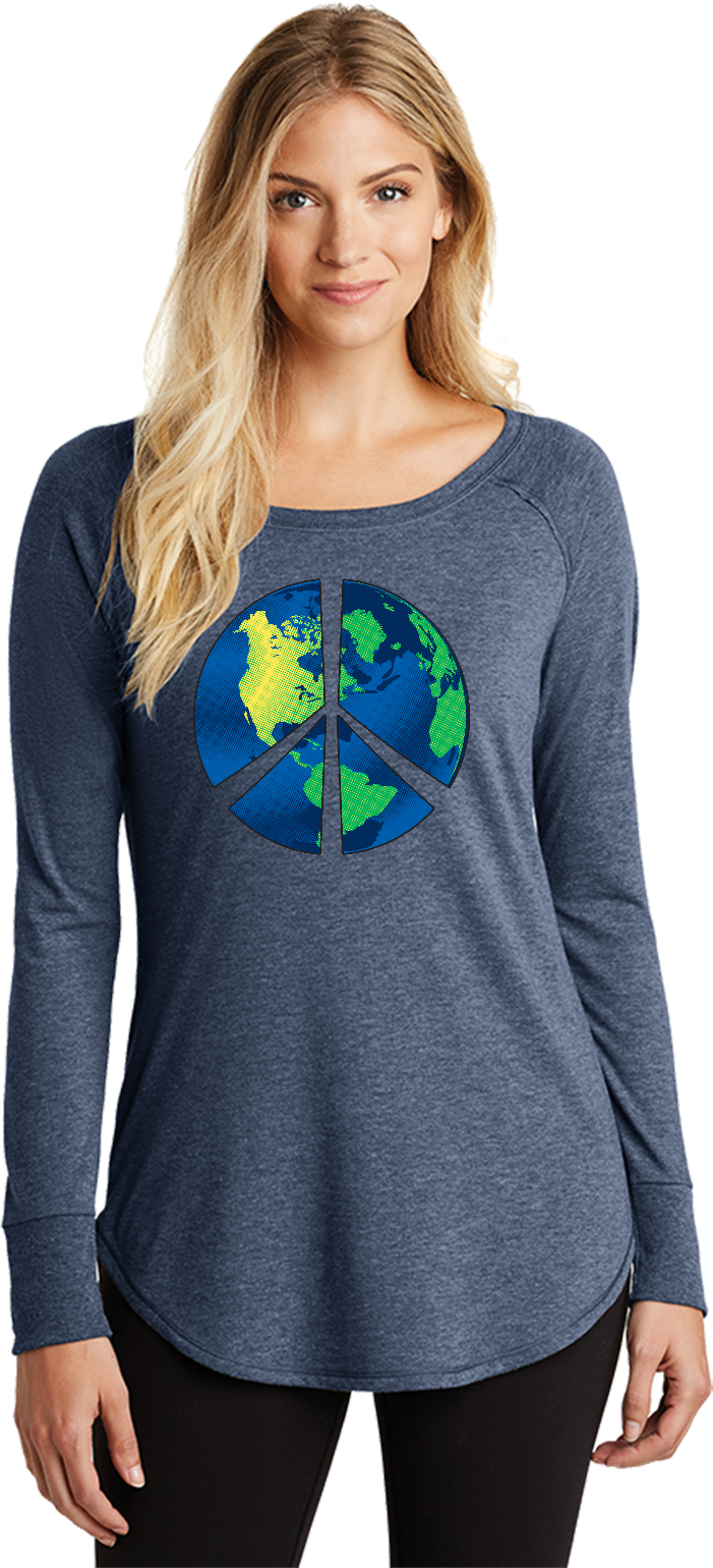 Buy Cool Shirts Ladies Peace Sign T-shirt Blue Earth Tri Blend Long Sleeve - Picture 4 of 5