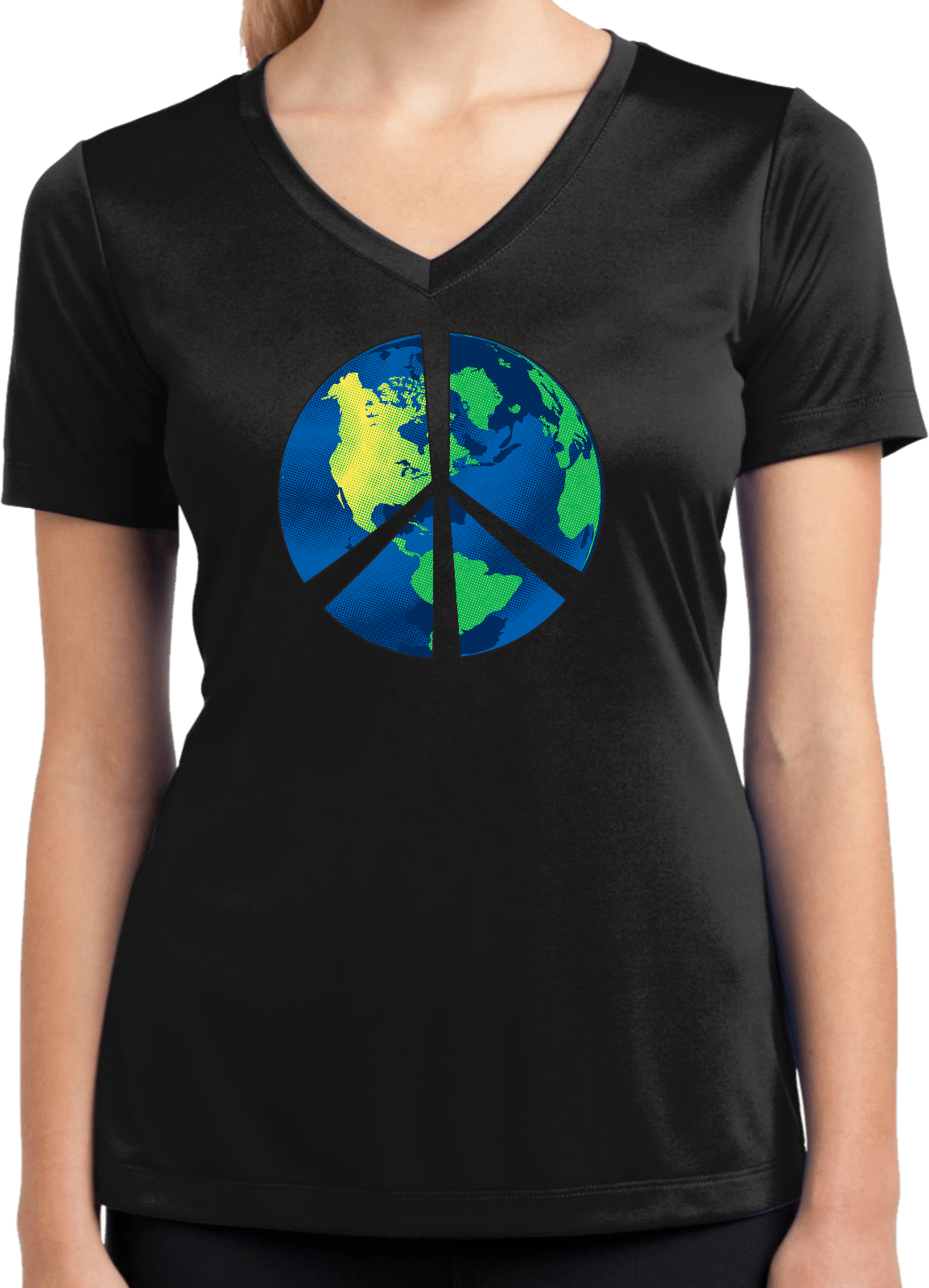 Buy Cool Shirts Ladies Peace Sign T-shirt Blue Earth Moisture Wicking V-Neck - Picture 2 of 8