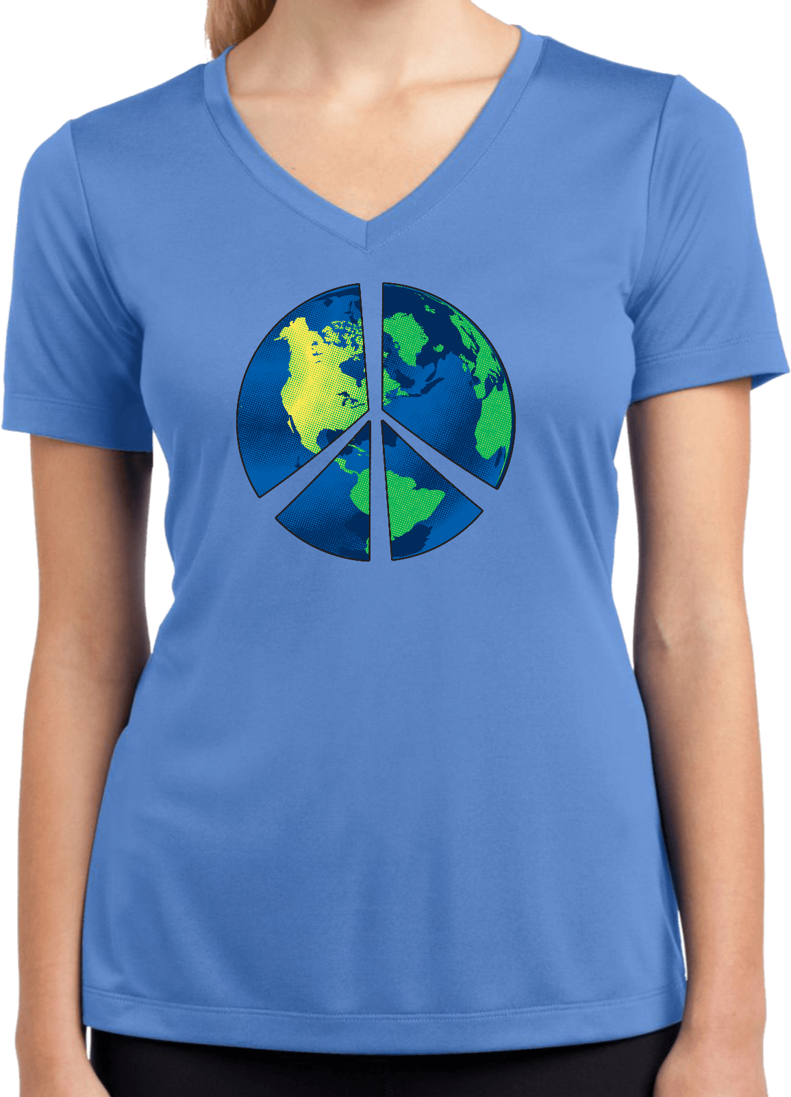 Buy Cool Shirts Ladies Peace Sign T-shirt Blue Earth Moisture Wicking V-Neck - Picture 3 of 8