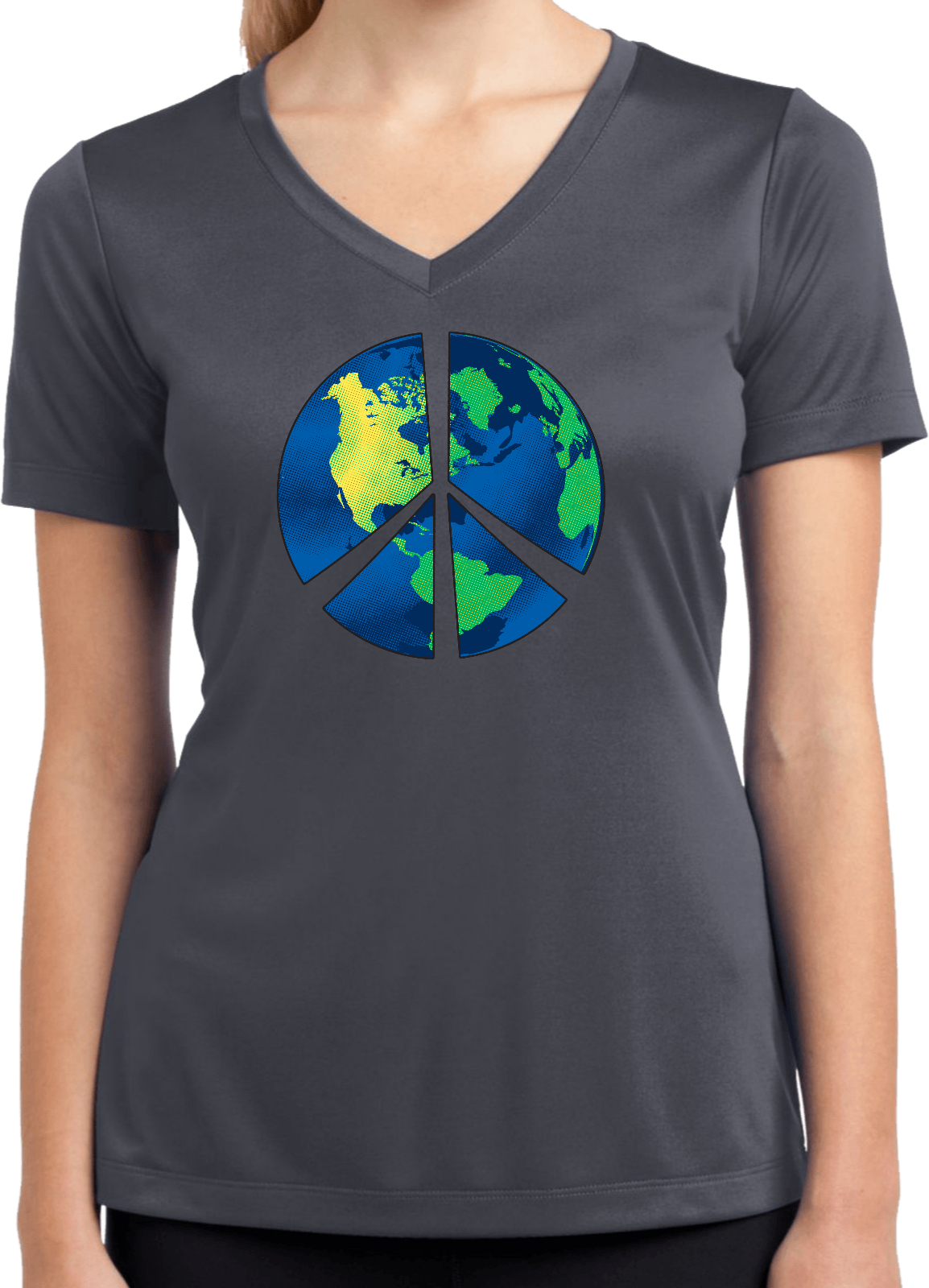 Buy Cool Shirts Ladies Peace Sign T-shirt Blue Earth Moisture Wicking V-Neck - Picture 4 of 8