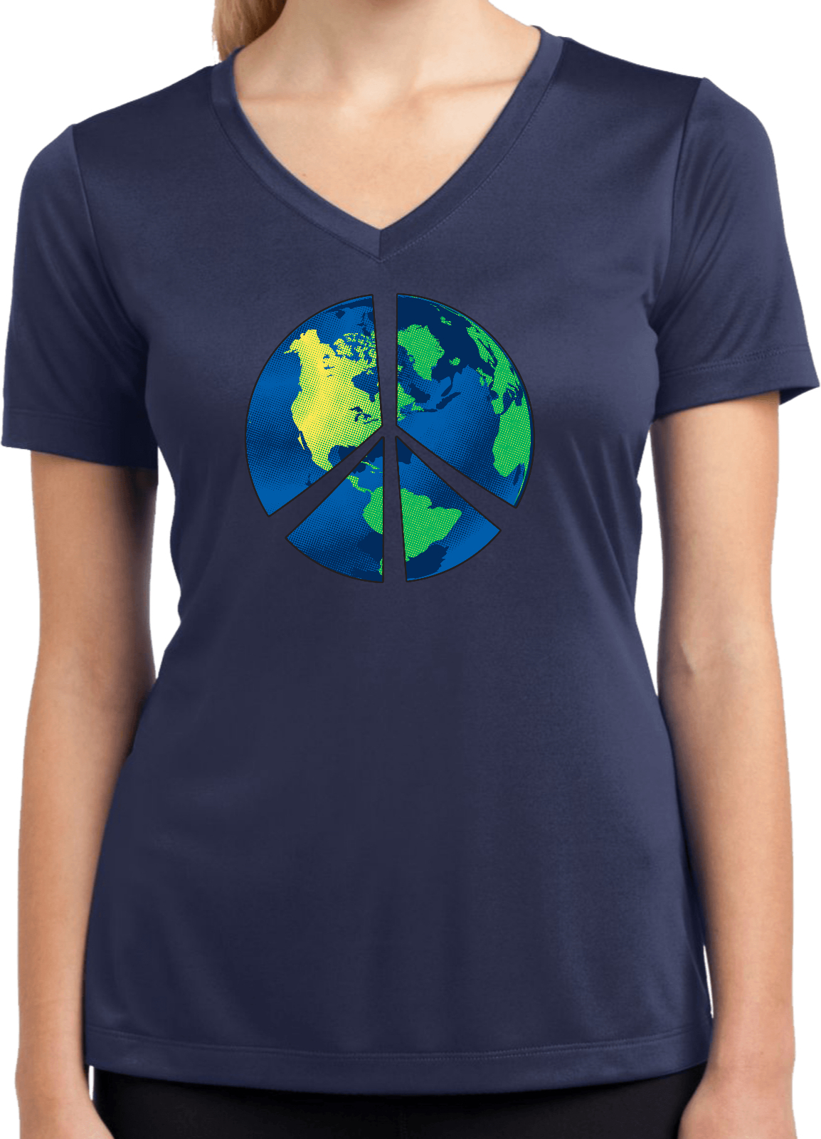 Buy Cool Shirts Ladies Peace Sign T-shirt Blue Earth Moisture Wicking V-Neck - Picture 5 of 8