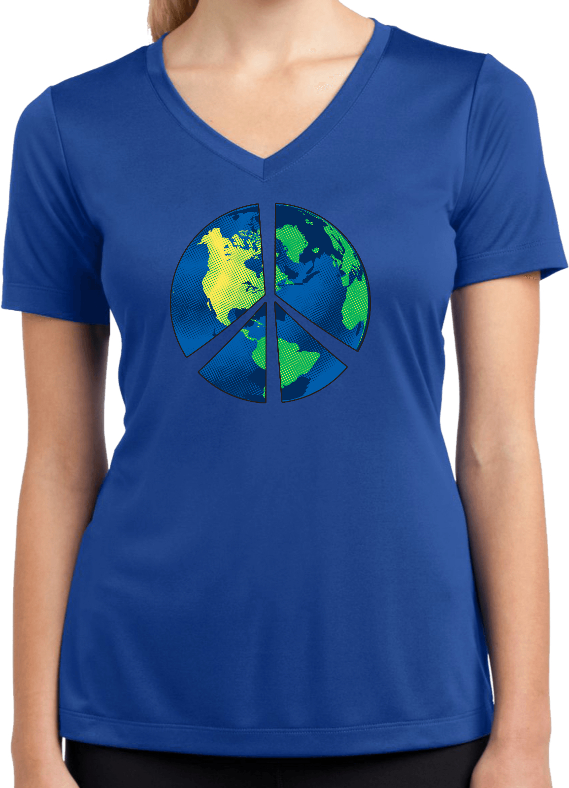 Buy Cool Shirts Ladies Peace Sign T-shirt Blue Earth Moisture Wicking V-Neck - Picture 6 of 8