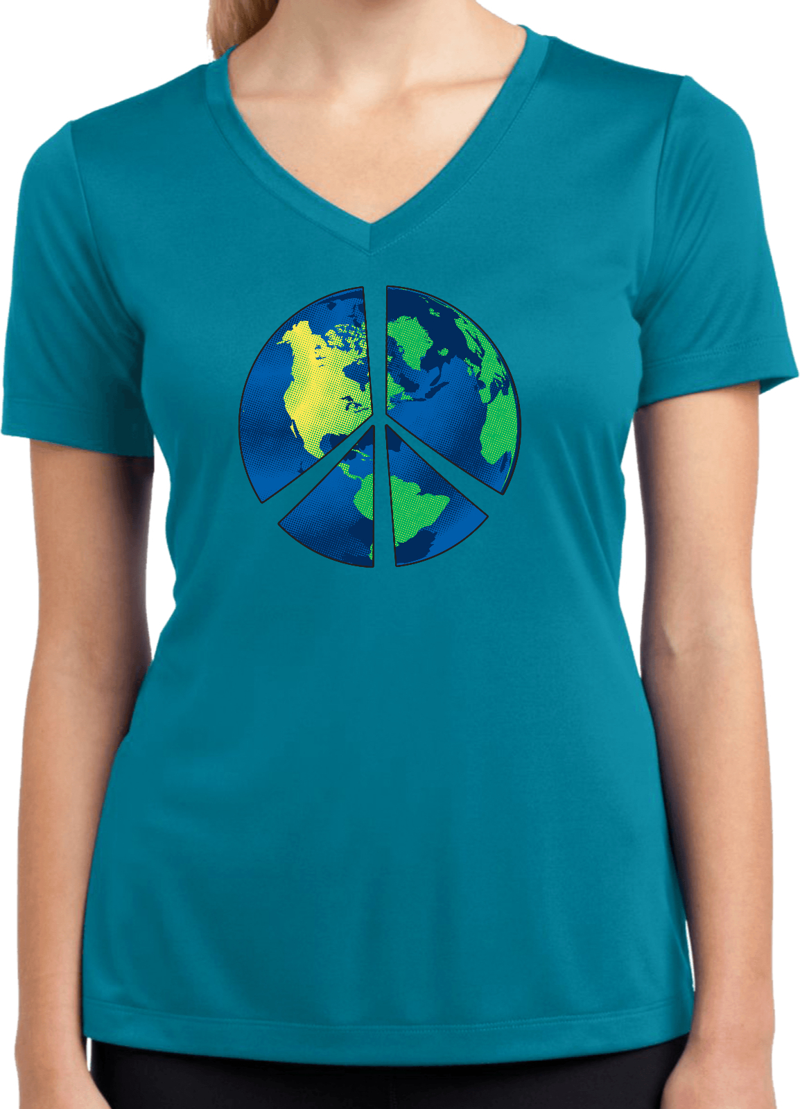 Buy Cool Shirts Ladies Peace Sign T-shirt Blue Earth Moisture Wicking V-Neck - Picture 7 of 8