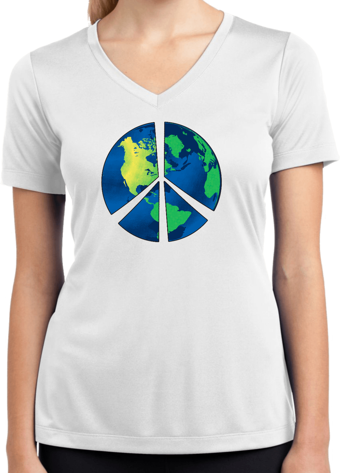 Buy Cool Shirts Ladies Peace Sign T-shirt Blue Earth Moisture Wicking V-Neck - Picture 8 of 8