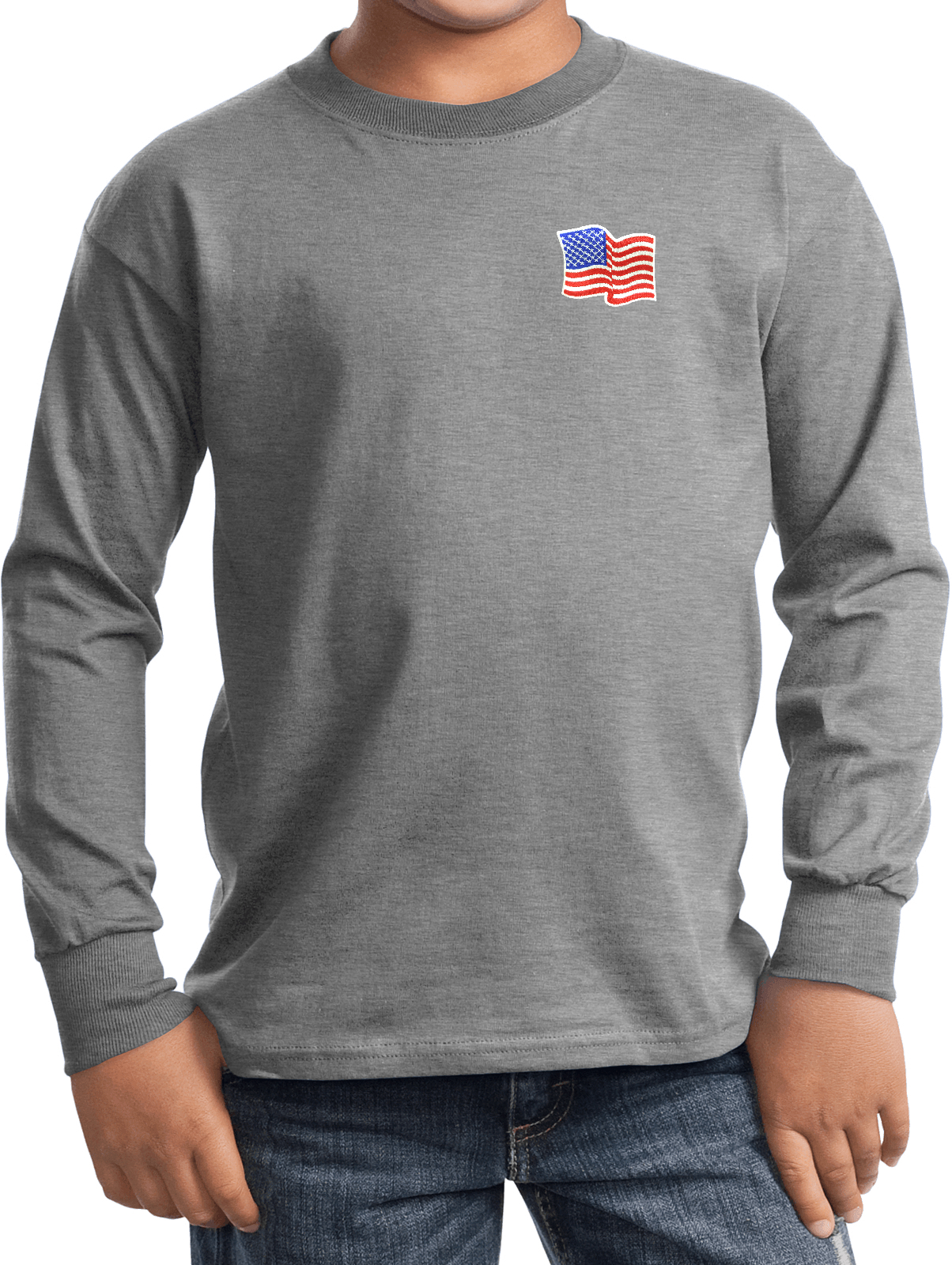 Buy Cool Shirts Kids Waving USA Flag Long Sleeve Patch Pocket Print - Picture 3 of 15