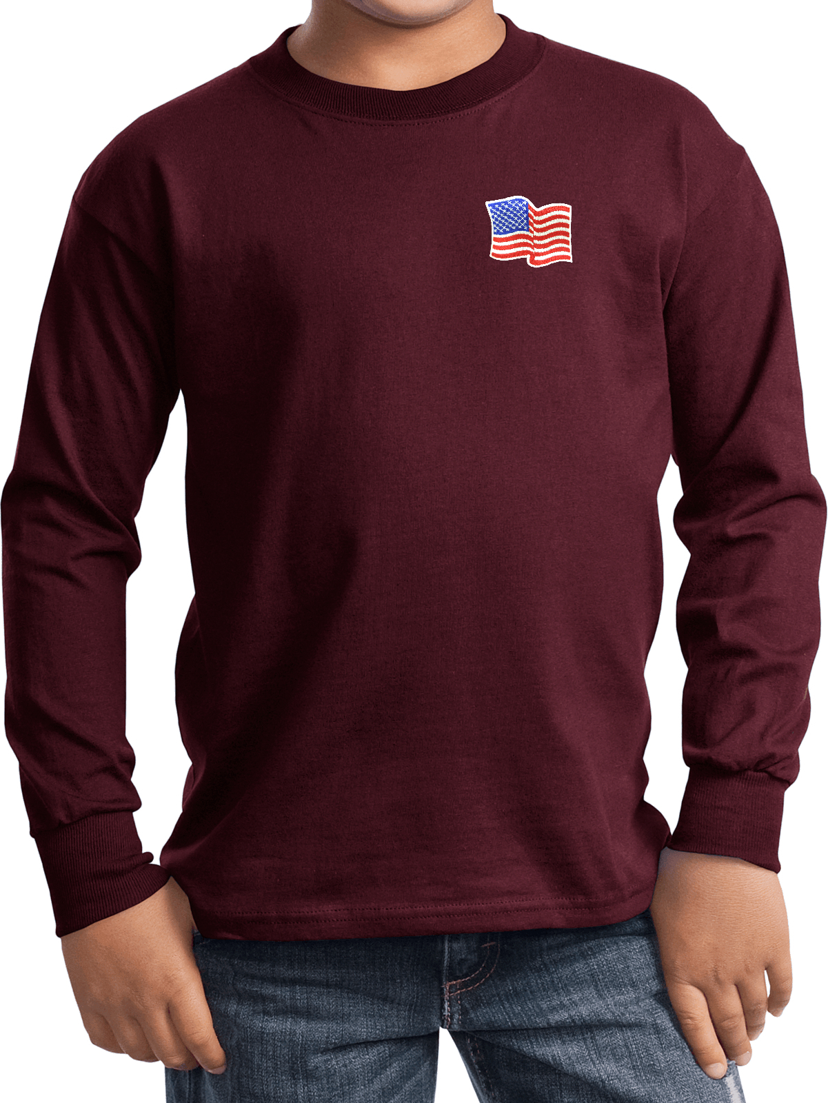 Buy Cool Shirts Kids Waving USA Flag Long Sleeve Patch Pocket Print - Picture 4 of 15