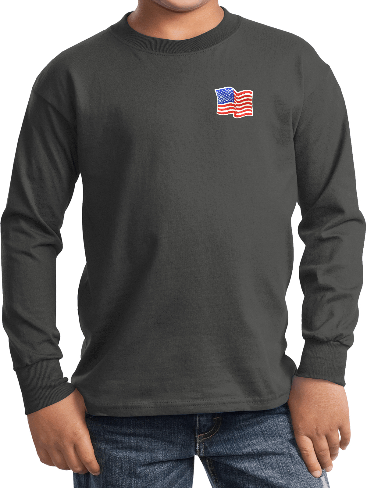 Buy Cool Shirts Kids Waving USA Flag Long Sleeve Patch Pocket Print - Picture 6 of 15