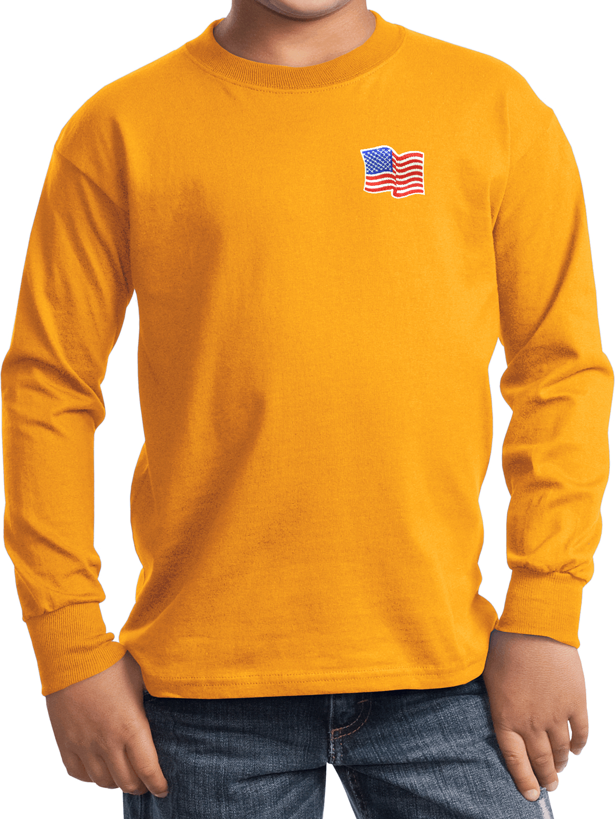 Buy Cool Shirts Kids Waving USA Flag Long Sleeve Patch Pocket Print - Picture 8 of 15