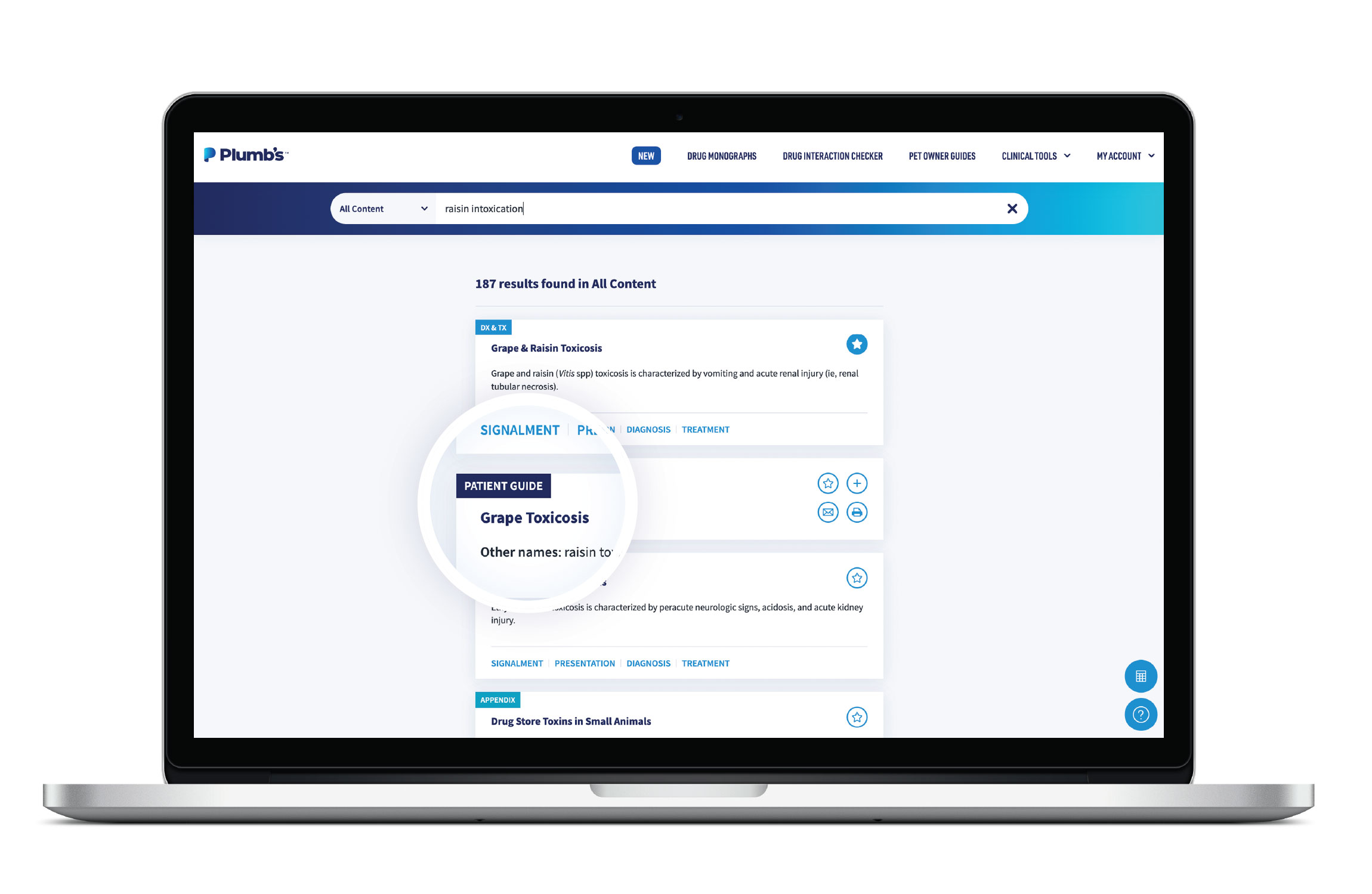 The Plumb's patient guide label is indicated on the search result for raisin intoxication.