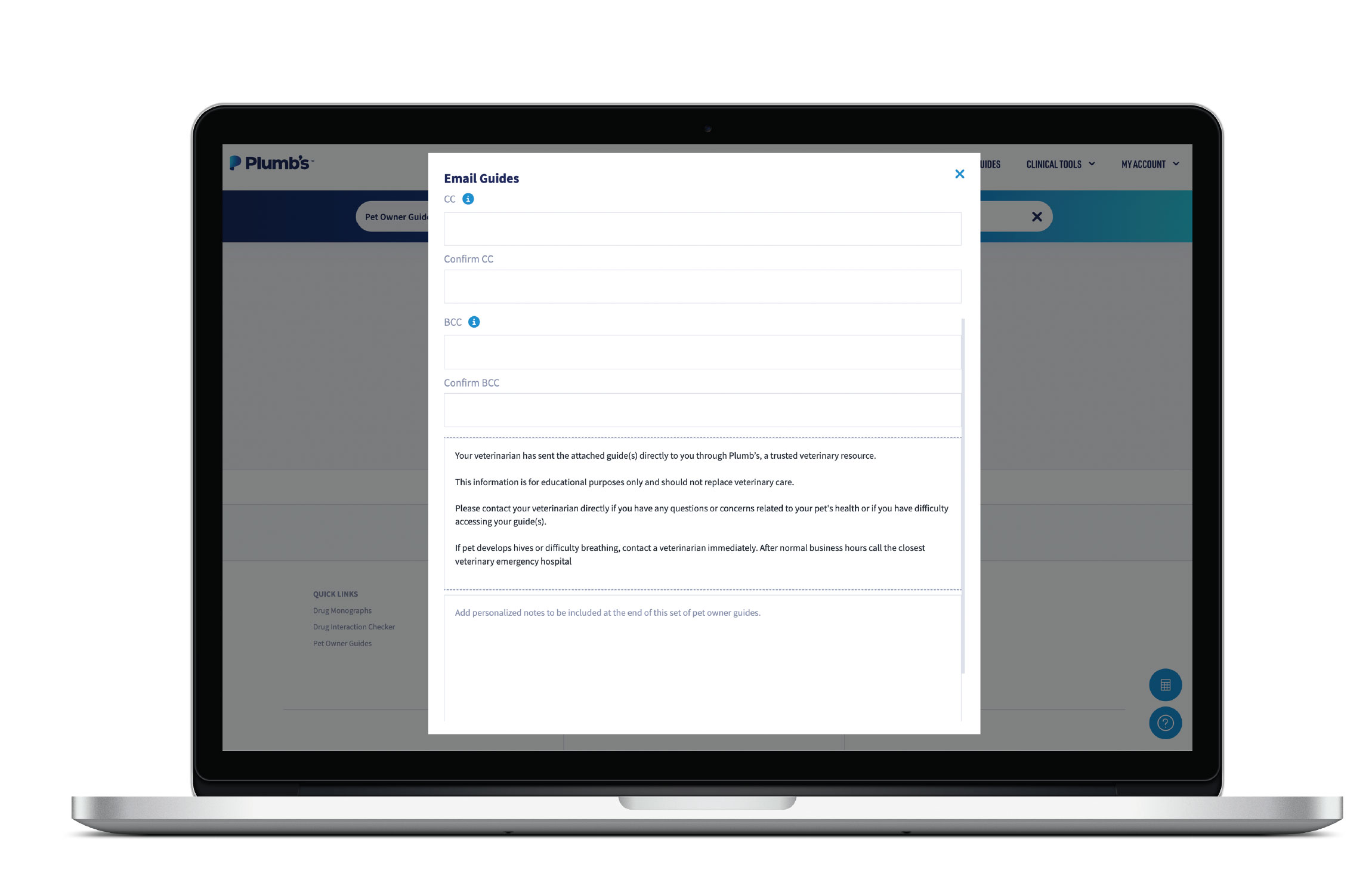 An example of Plumb's patient guides email form for sharing animal health handouts with pet owners