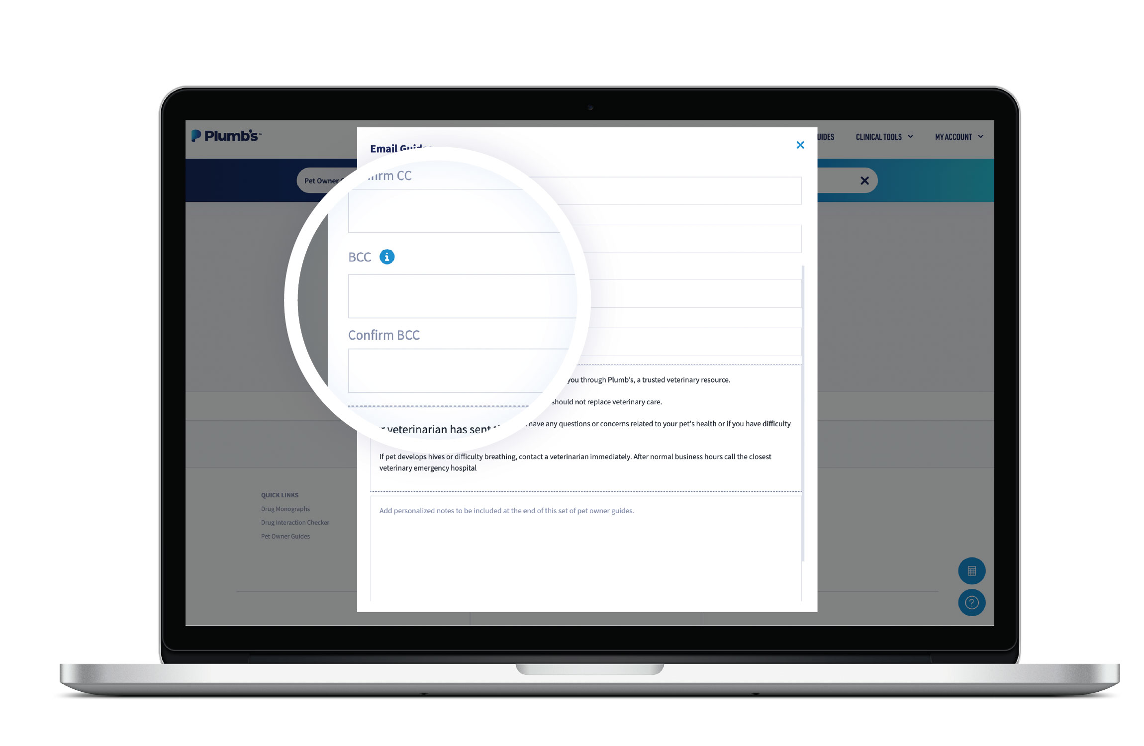 An example of Plumb's patient guides email form for sharing animal health handouts with pet owners