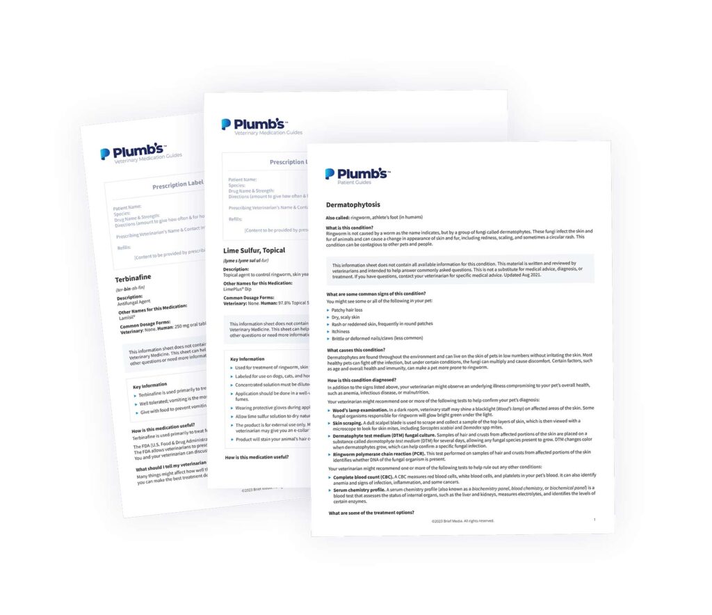 Image showing sample pet owner handouts from Plumb's, covering animal medications and conditions