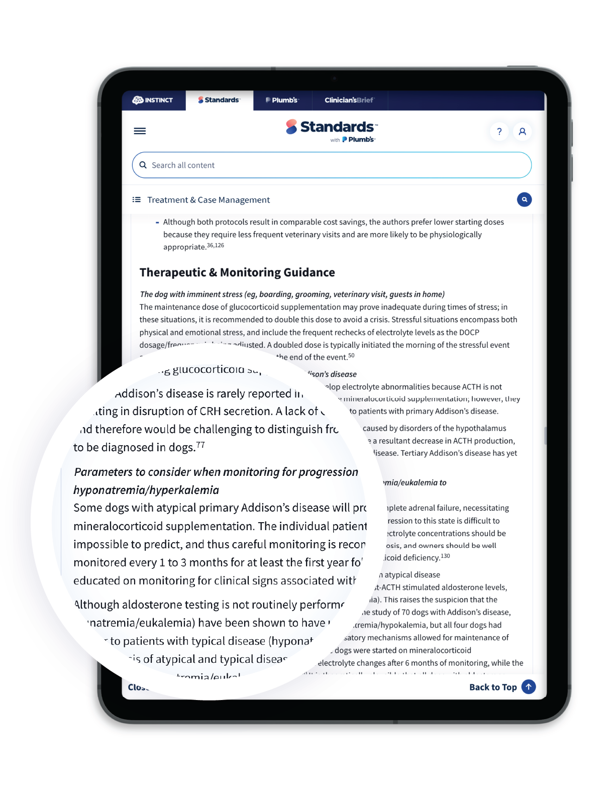 Therapeutic & Monitoring section of the clinical monograph, highlighting the parameters to consider when monitoring for progression of hyponatremia/hyperkalemia