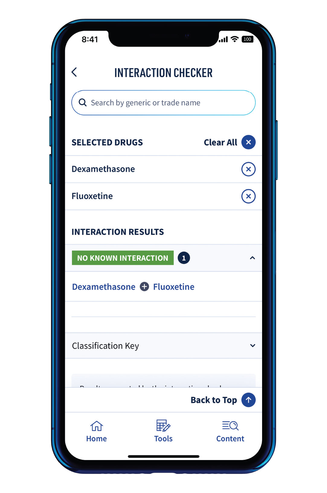 the Plumb's drug interaction checker in Standards of Care, showing no known interaction between dexamethasone and fluoxetine