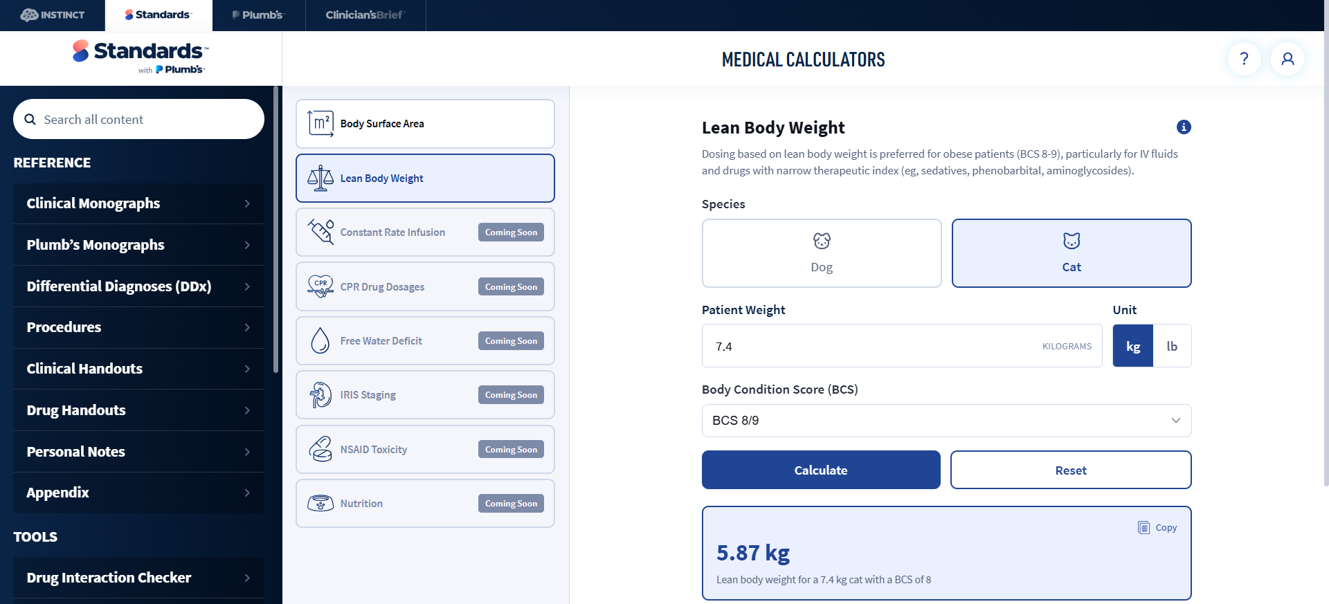 Veterinary lean body weight calculator in Standards using body condition score for a cat